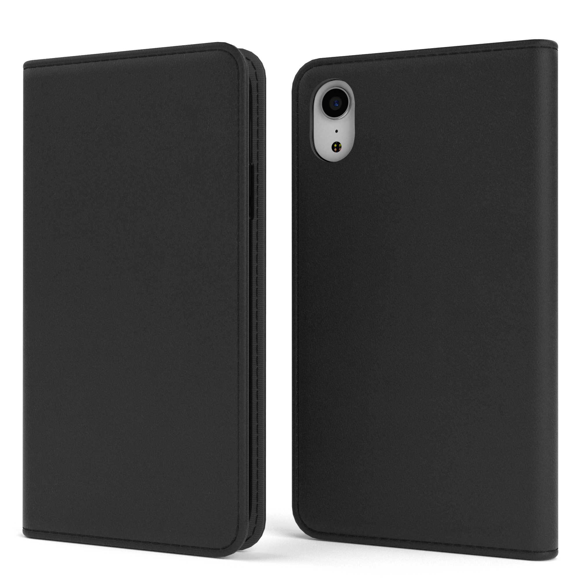 Schwarze Leder-Handyhülle, geöffnet und geschlossen, mit Telefon darin, auf weißem Hintergrund.