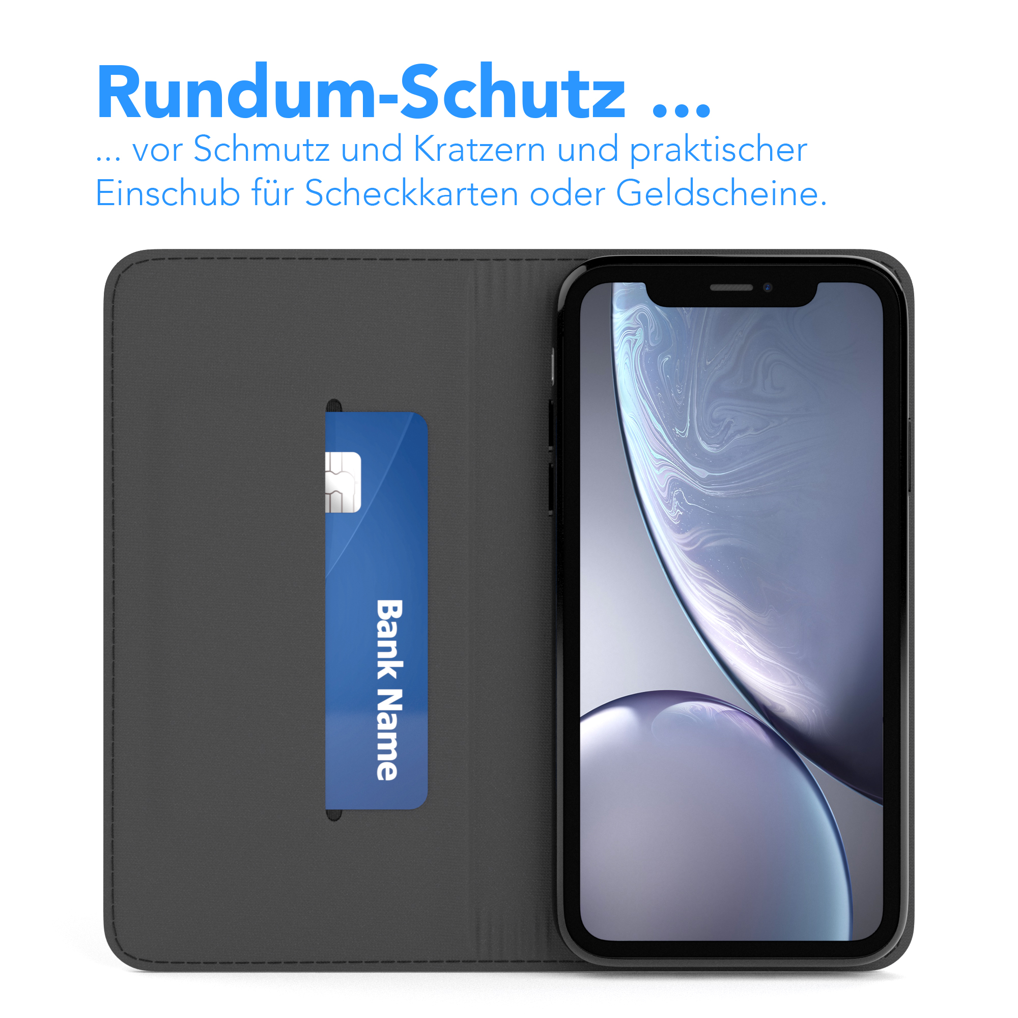 Ein Telefon in einer schwarzen Hülle mit Bankkarte, geöffnet auf dunkelgrauem Hintergrund.