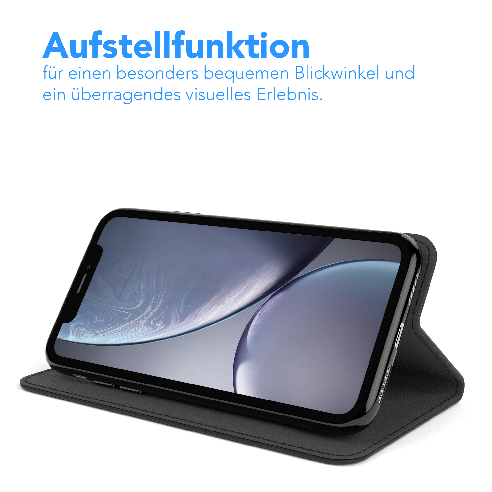 Ein Telefon in einer schwarzen Hülle ist abgewinkelt, wobei der Bildschirm gezeigt wird.