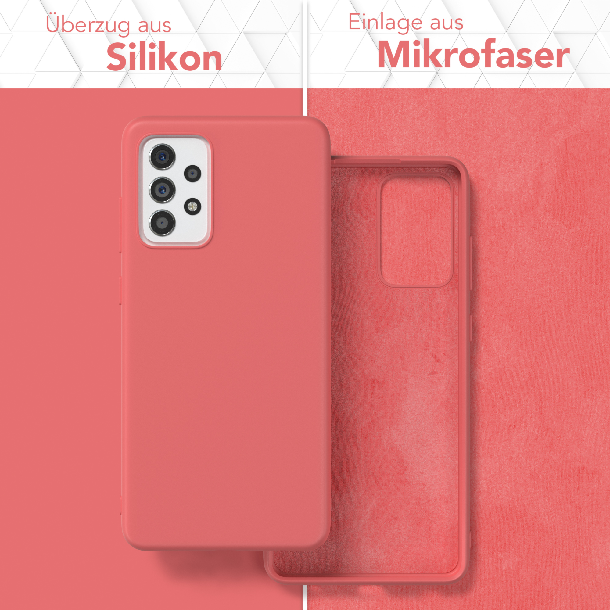 Eine korallenfarbene Handyhülle neben ihrer Mikrofaser-Innenseite. Text: Überzug aus Silikon und Einlage aus Mikrofaser.
