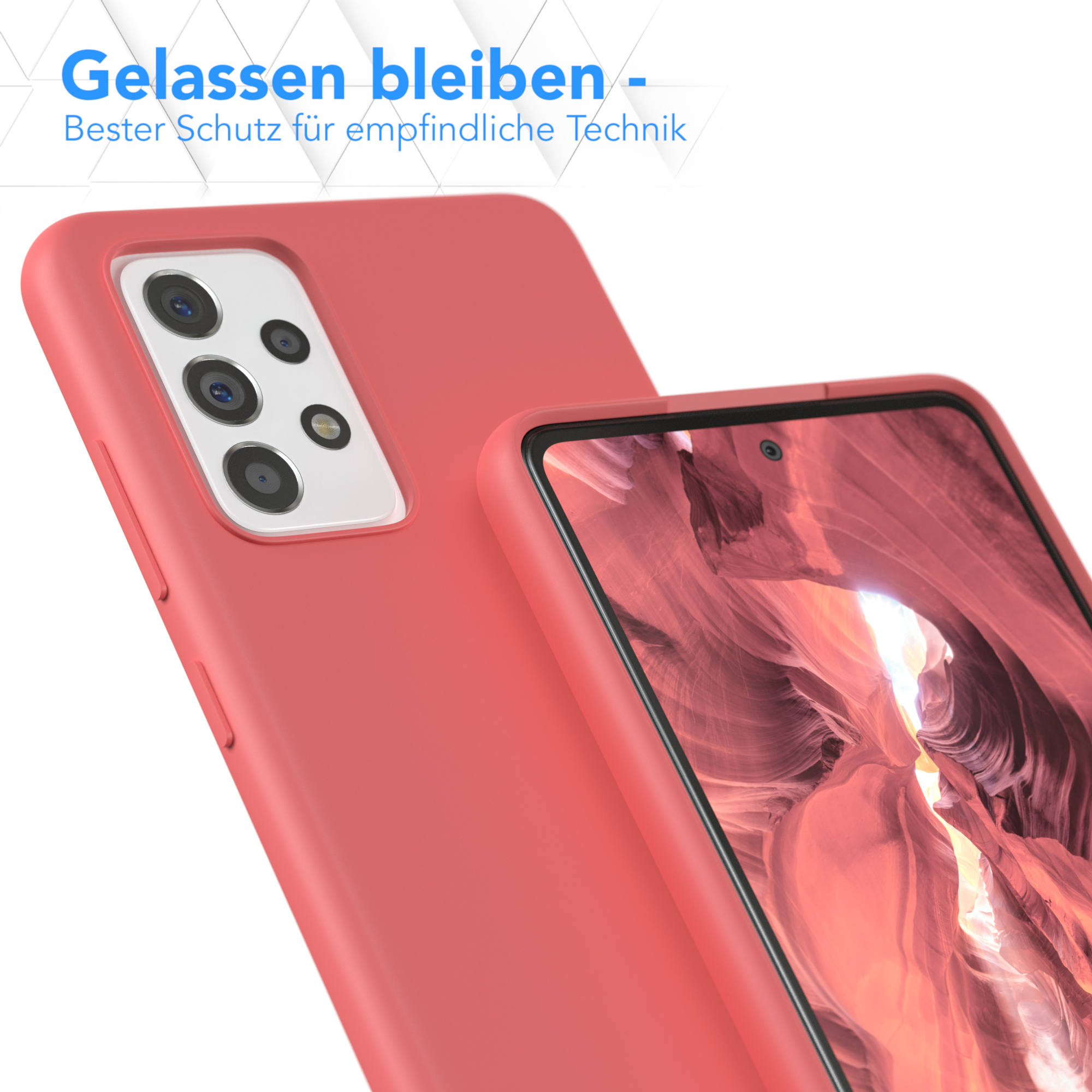 Eine rote Handyhülle mit Handy. Text sagt 'Gelassen bleiben'.