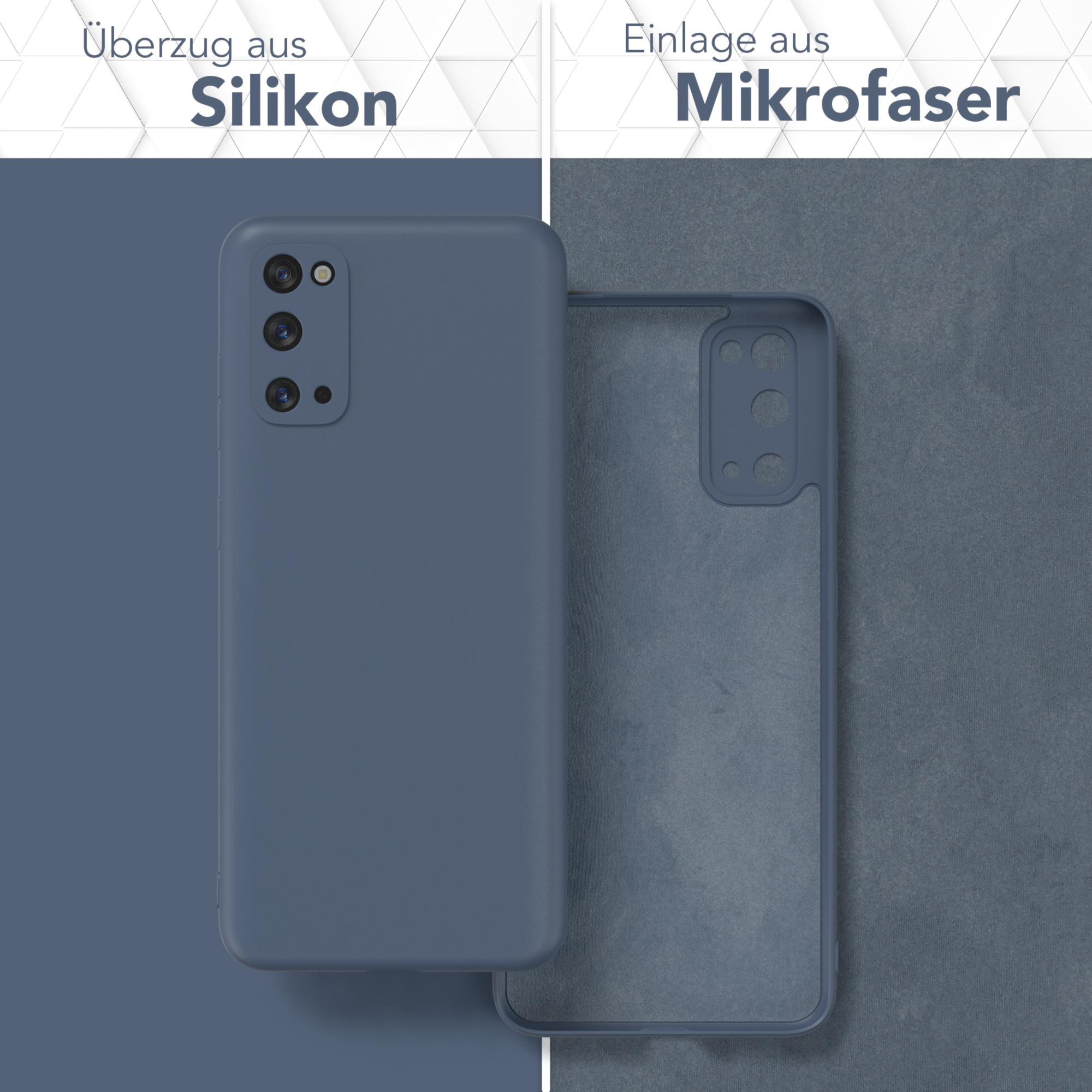 Eine blaue Handyhülle und ihre Innenabdeckung. Der Hintergrund ist auch blau.