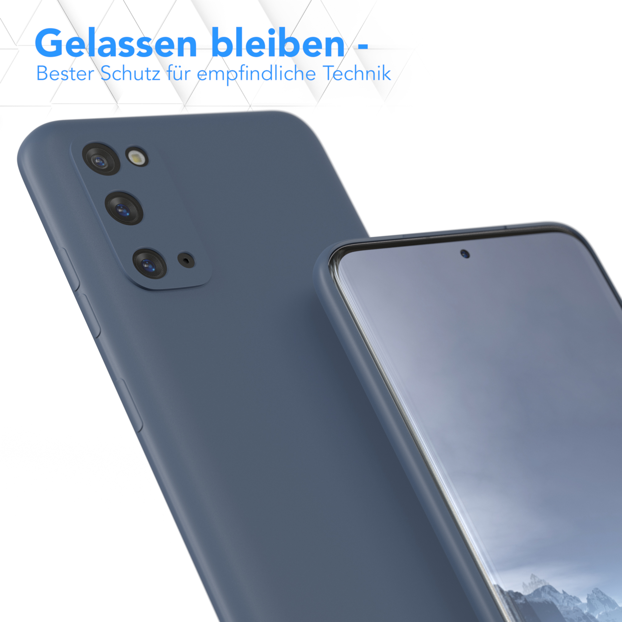 Eine Handyhülle neben einem Telefon, mit dem Text: Bleib cool und schütze dein Handy.