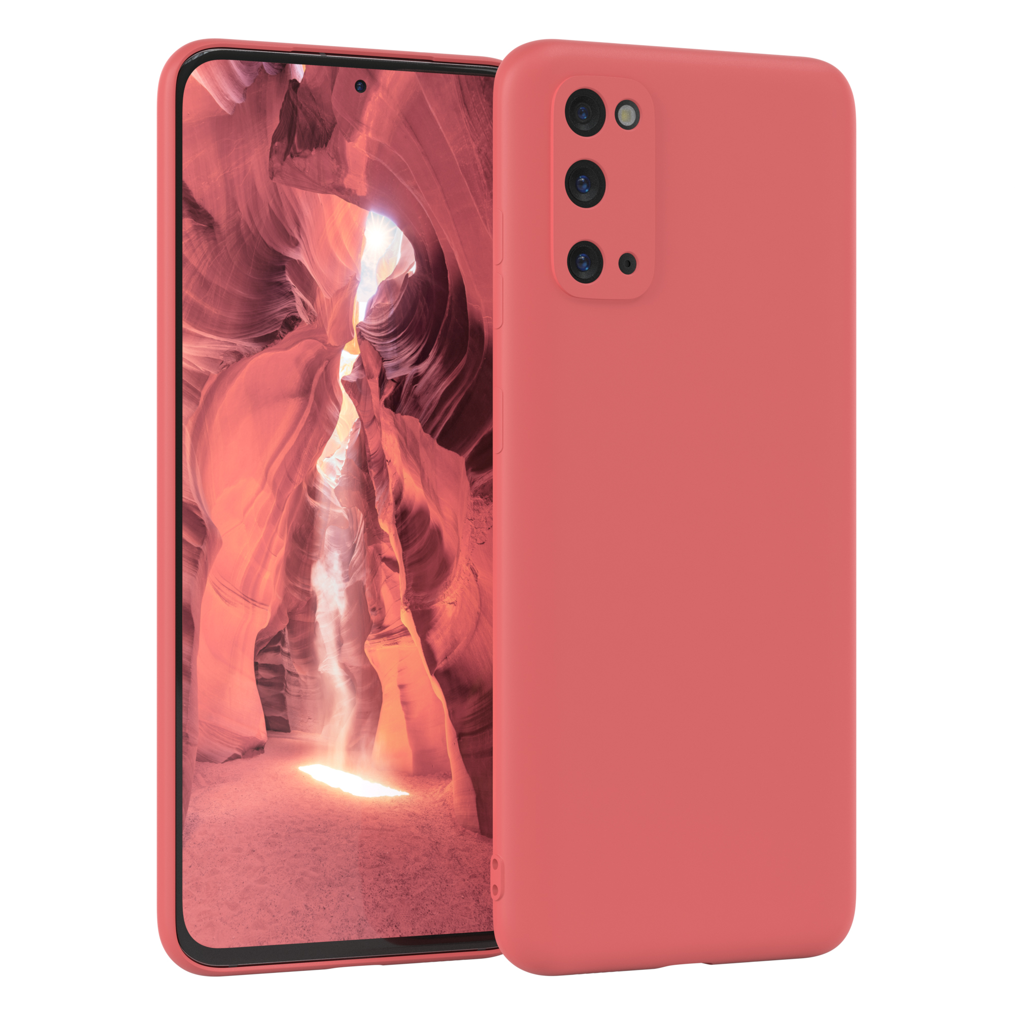 Korallenfarbenes Telefon mit korallenfarbenem Gehäuse. Das Telefon zeigt eine Canyon-Szene.