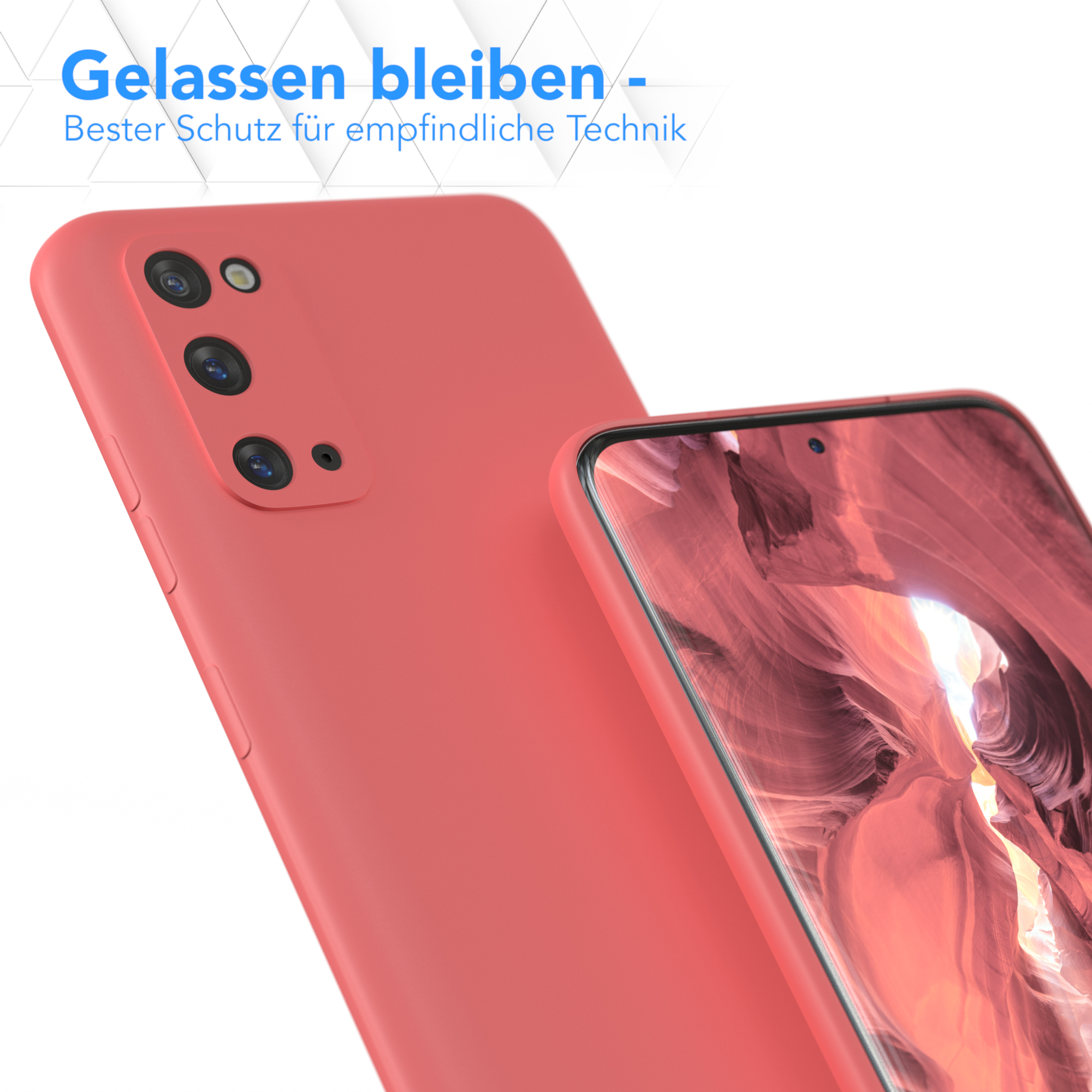 Rote Handyhülle mit Telefon. Text: Bleiben Sie entspannt - Bester Schutz für empfindliche Technik.