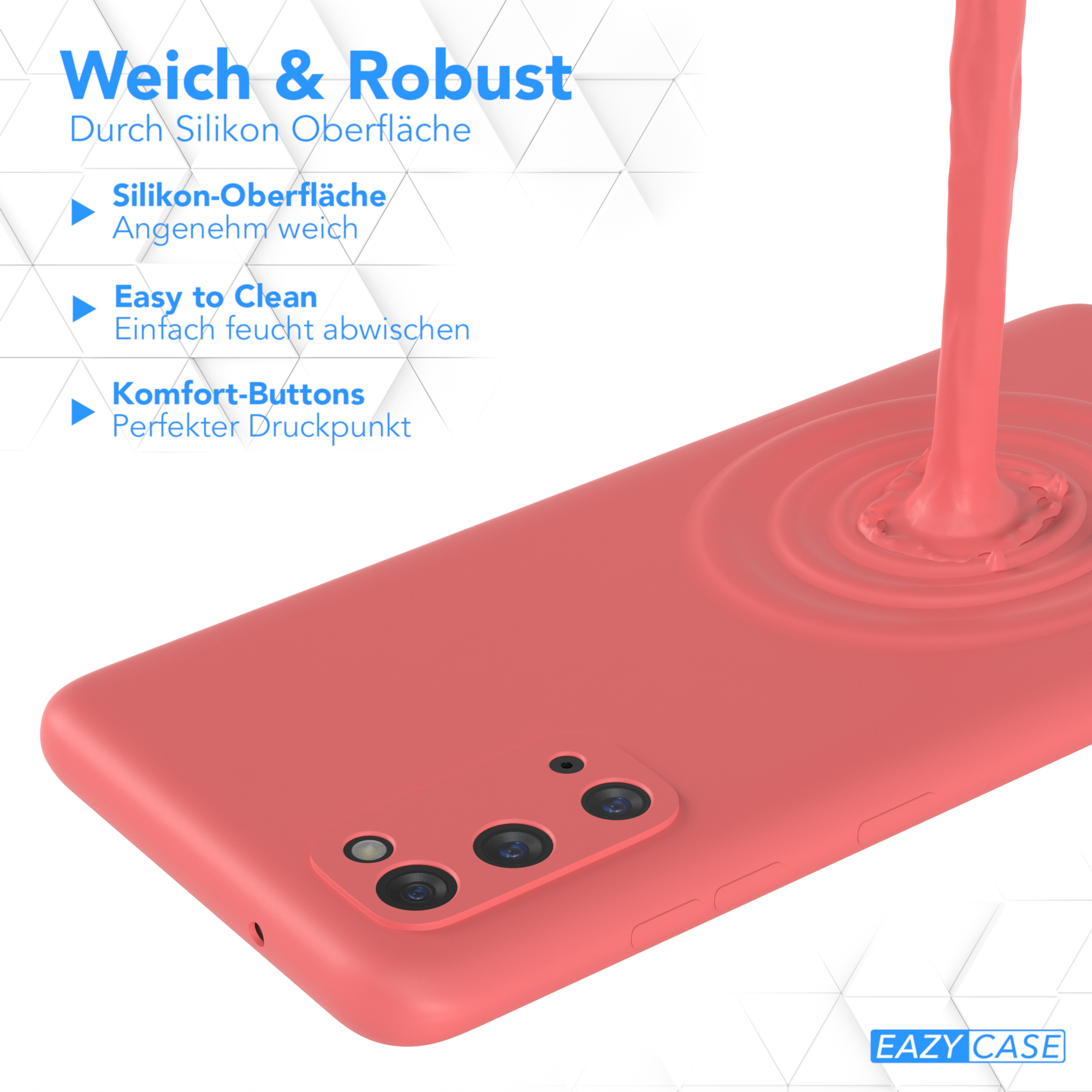 Rote Handyhülle mit Flüssigkeit, die darauf gegossen wird. Text: Weich & Robust, Easy to Clean, Komfort-Buttons.