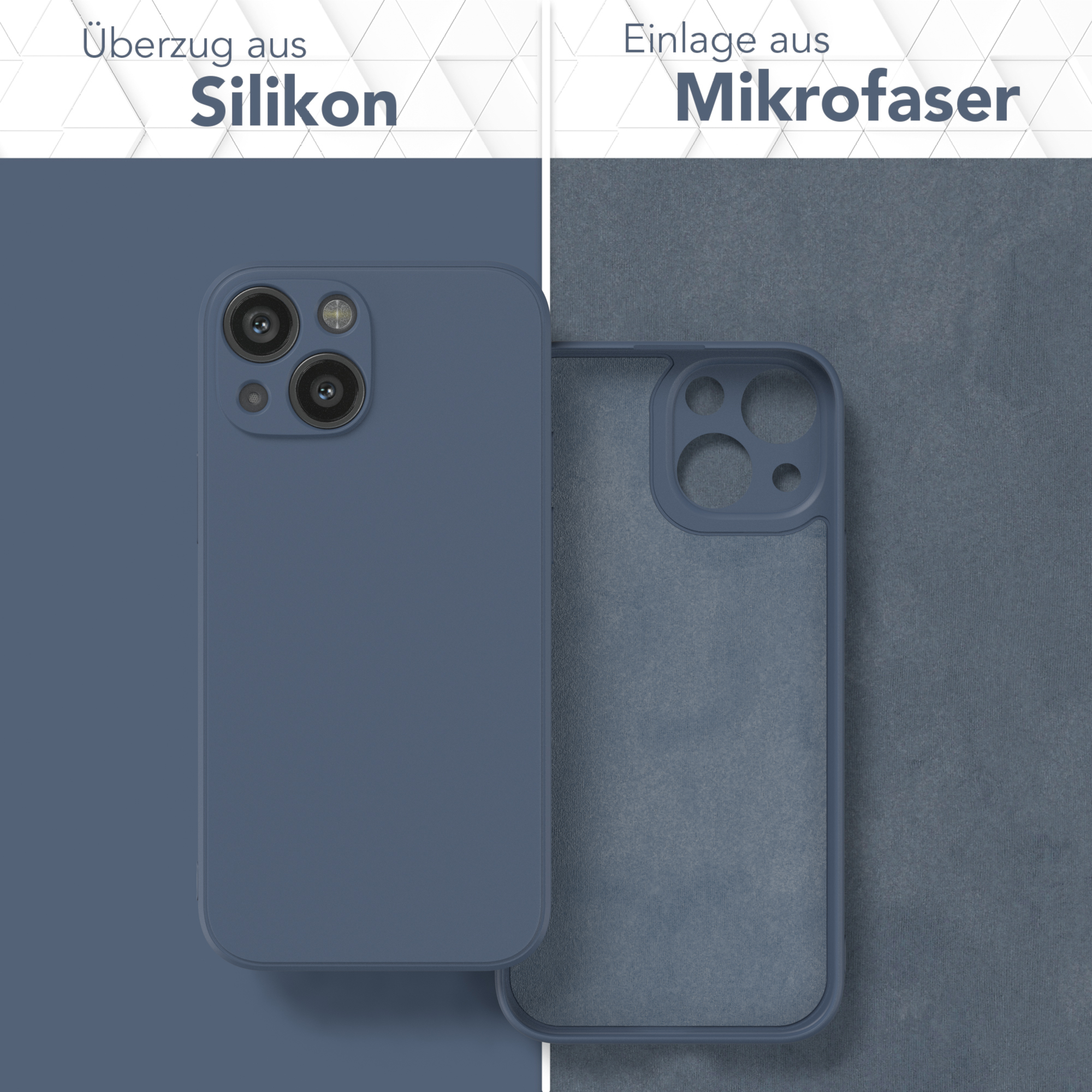 Blaue Handyhülle mit blauem Innenteil. Text weist auf Silikonhülle, Mikrofaser-Einsatz hin.