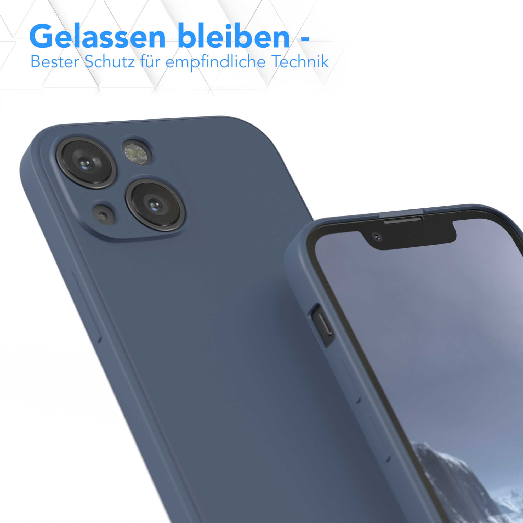 Eine Handyhülle mit dem Telefon darin, blauer Hintergrund.