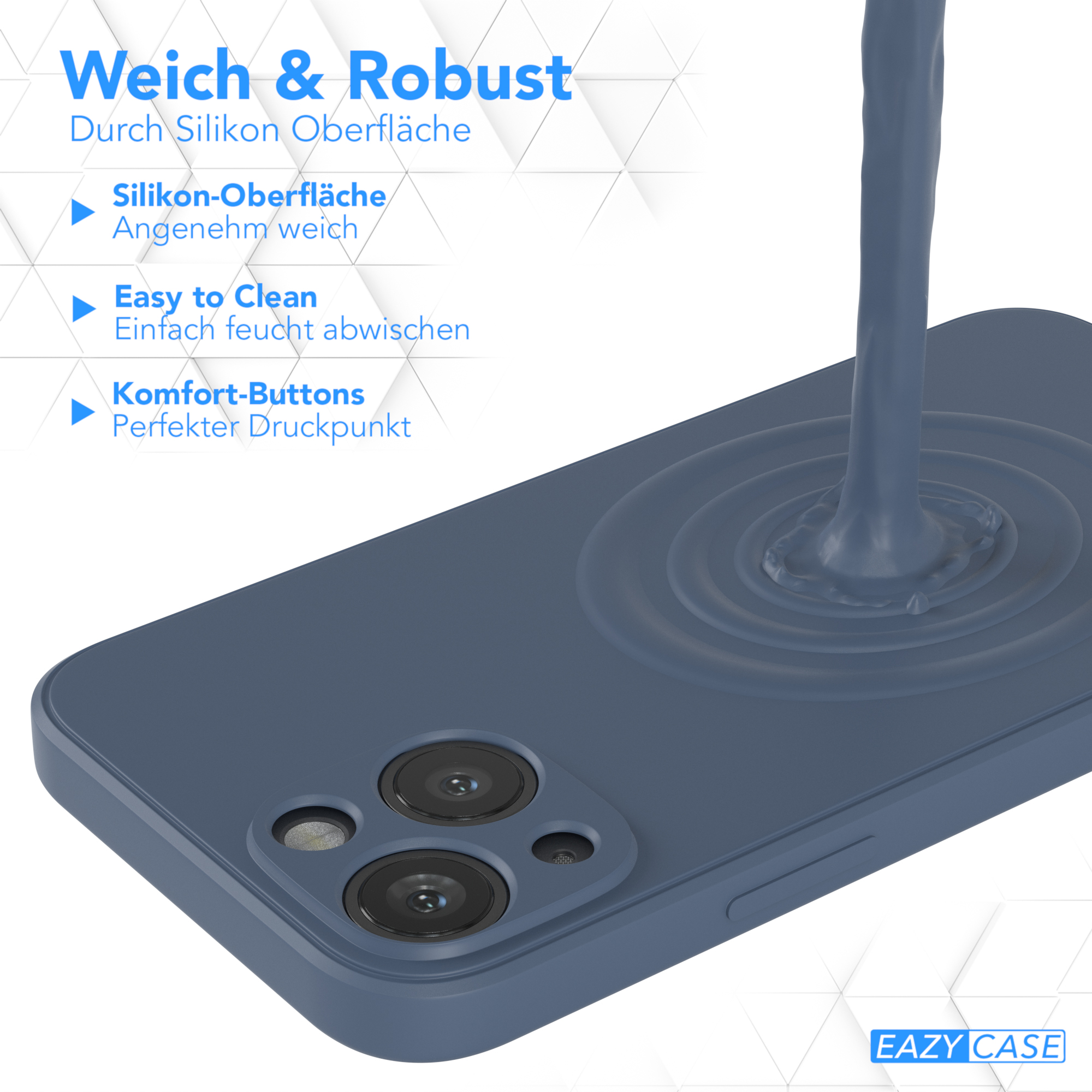 Blaue Handyhülle mit Flüssigkeit. Text: Weich & Robust, Silikon-Oberfläche, Easy to Clean.