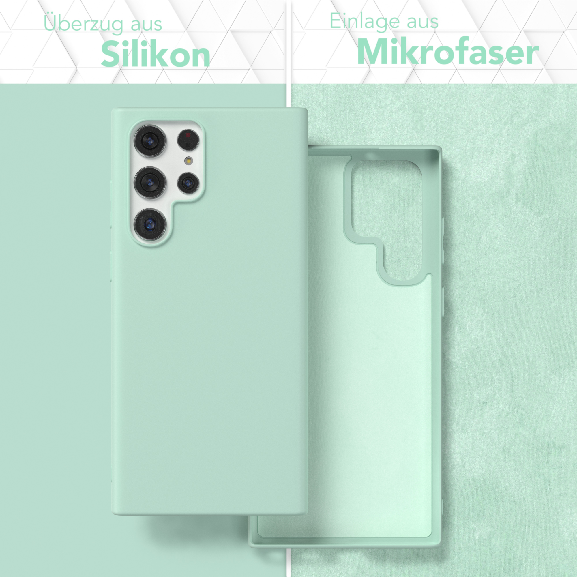 Eine mintgrüne Handyhülle mit einem separaten Innenteil. Die Hülle besteht aus Silikon, die Innenseite aus Mikrofaser.