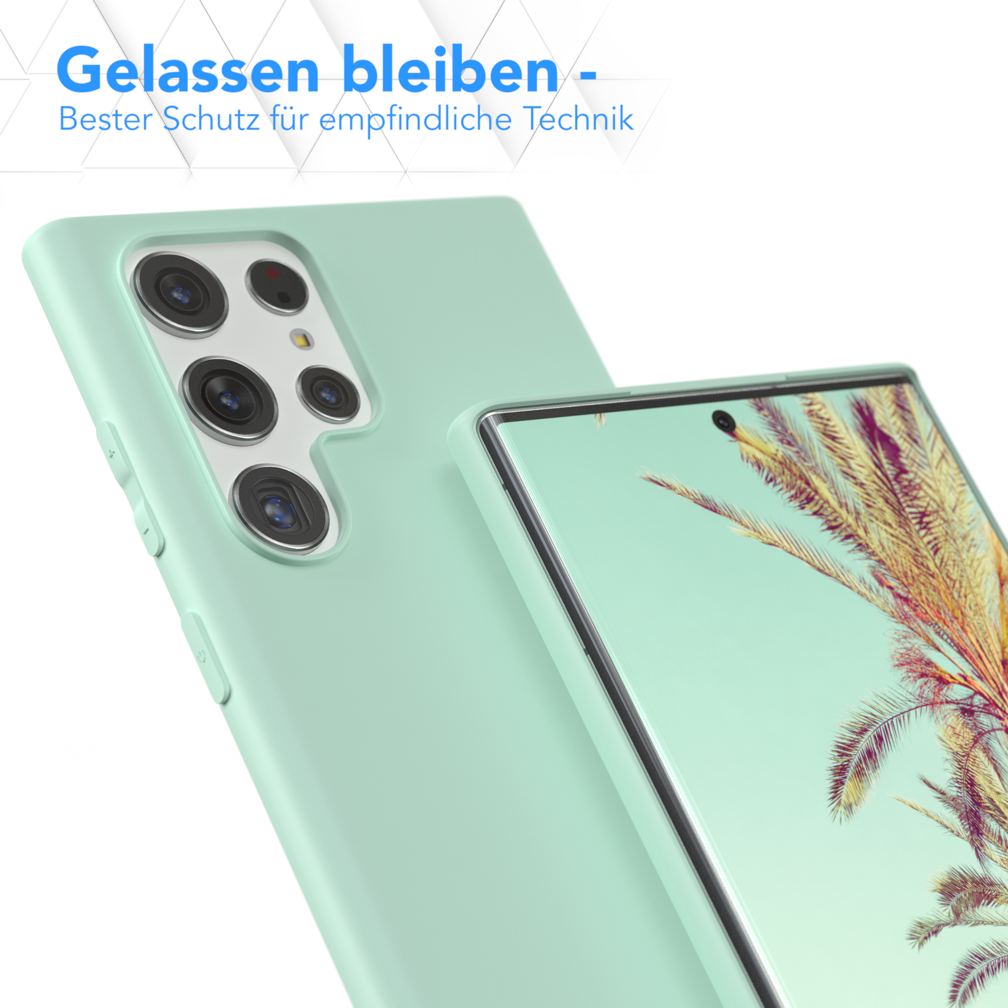 Hellgrüne Handyhülle mit einem Telefon darin. Text: "Gelassen bleiben". Hintergrund ist weiß.
