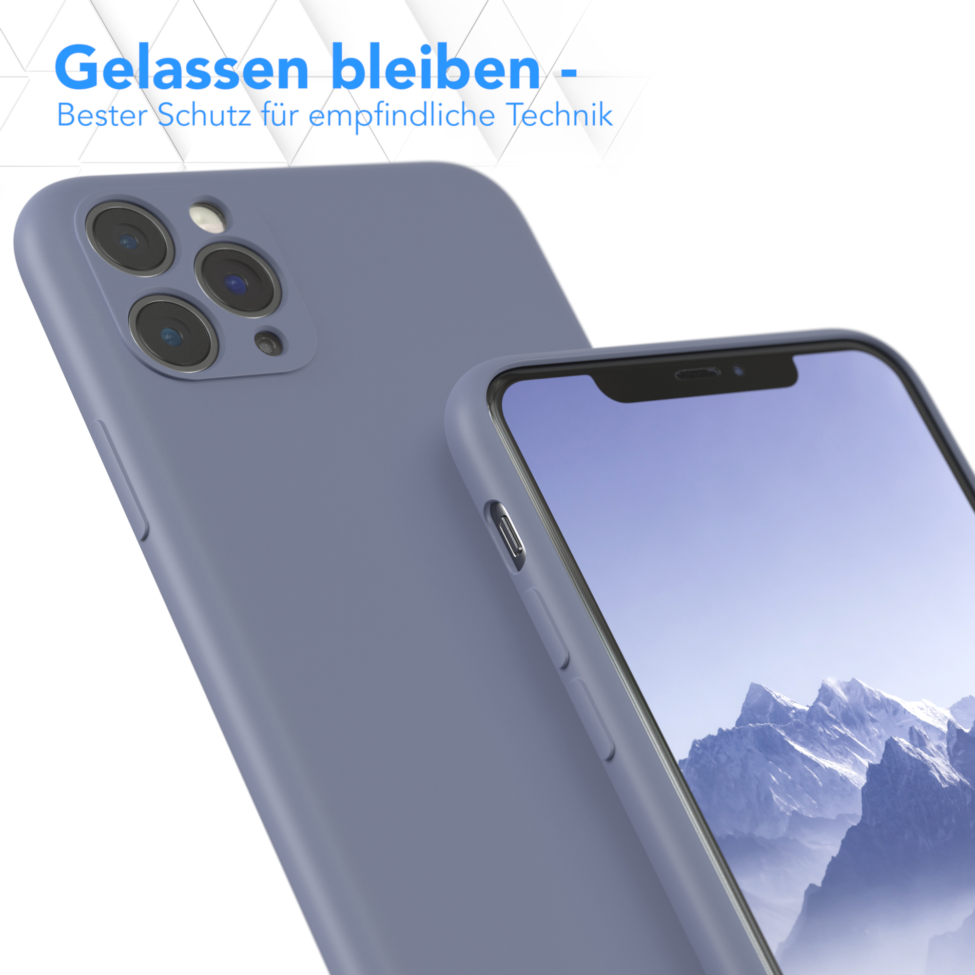Zwei Telefone mit lila Hülle, eines im Fokus. Text: Entspannt bleiben, bester Schutz für empfindliche Technik.