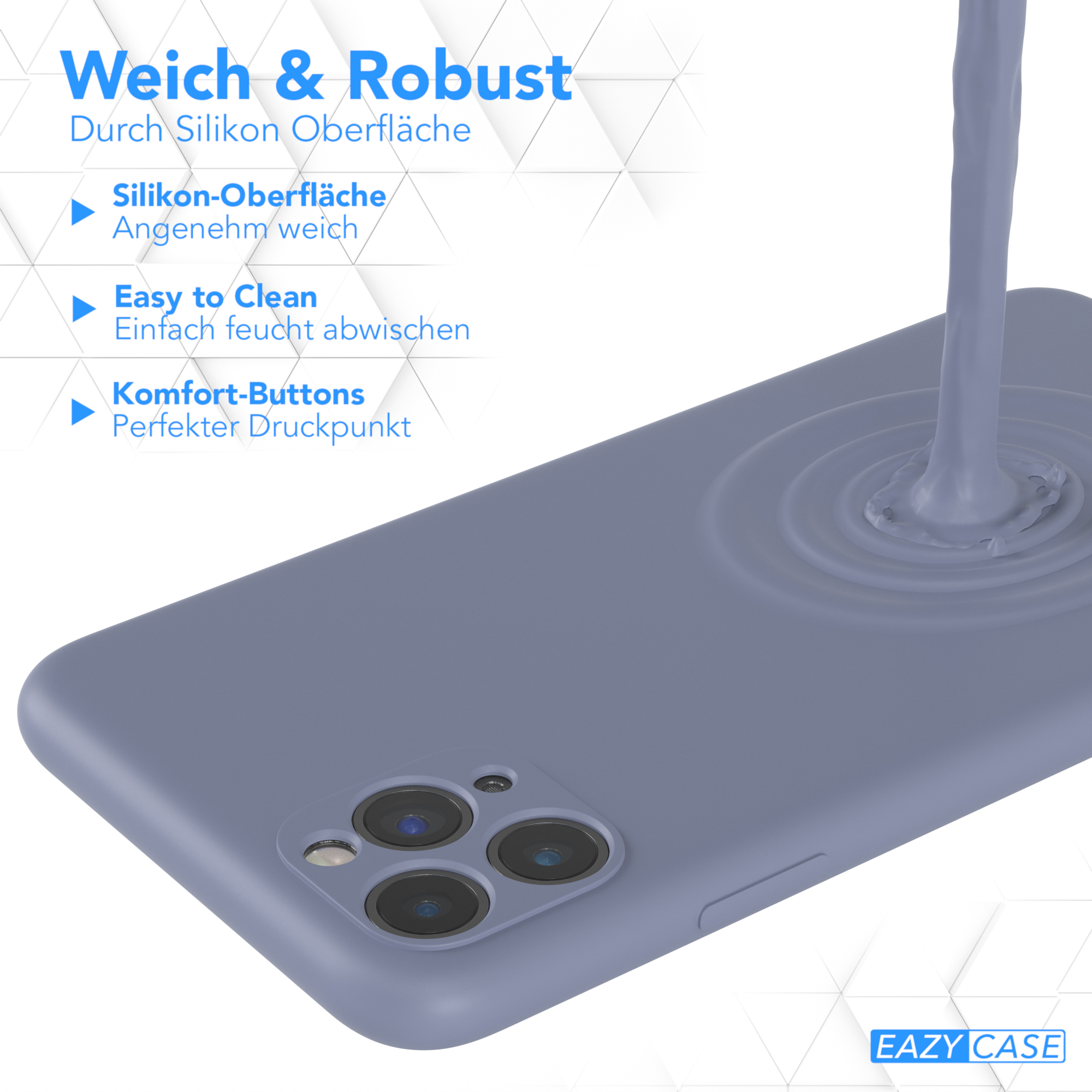 Blaue Handyhülle und Flüssigkeitsspritzer. Text: 'Weich & Robust', 'Leicht zu reinigen', 'Komfort-Tasten'.