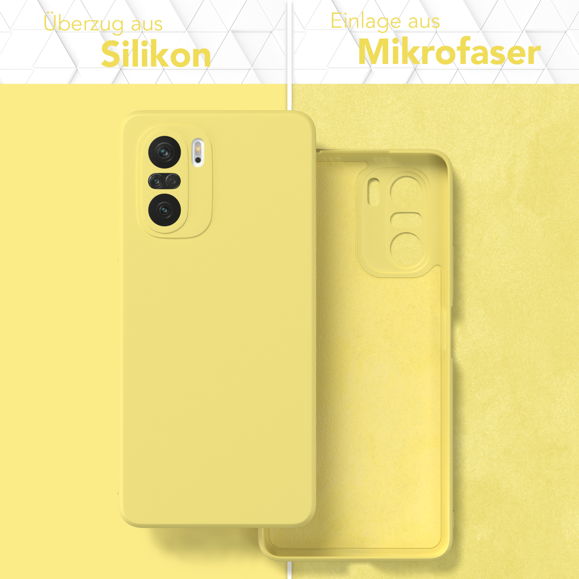 Handyhüllen, eine mit Handy. Silikon- und Mikrofaser-Details werden gezeigt.