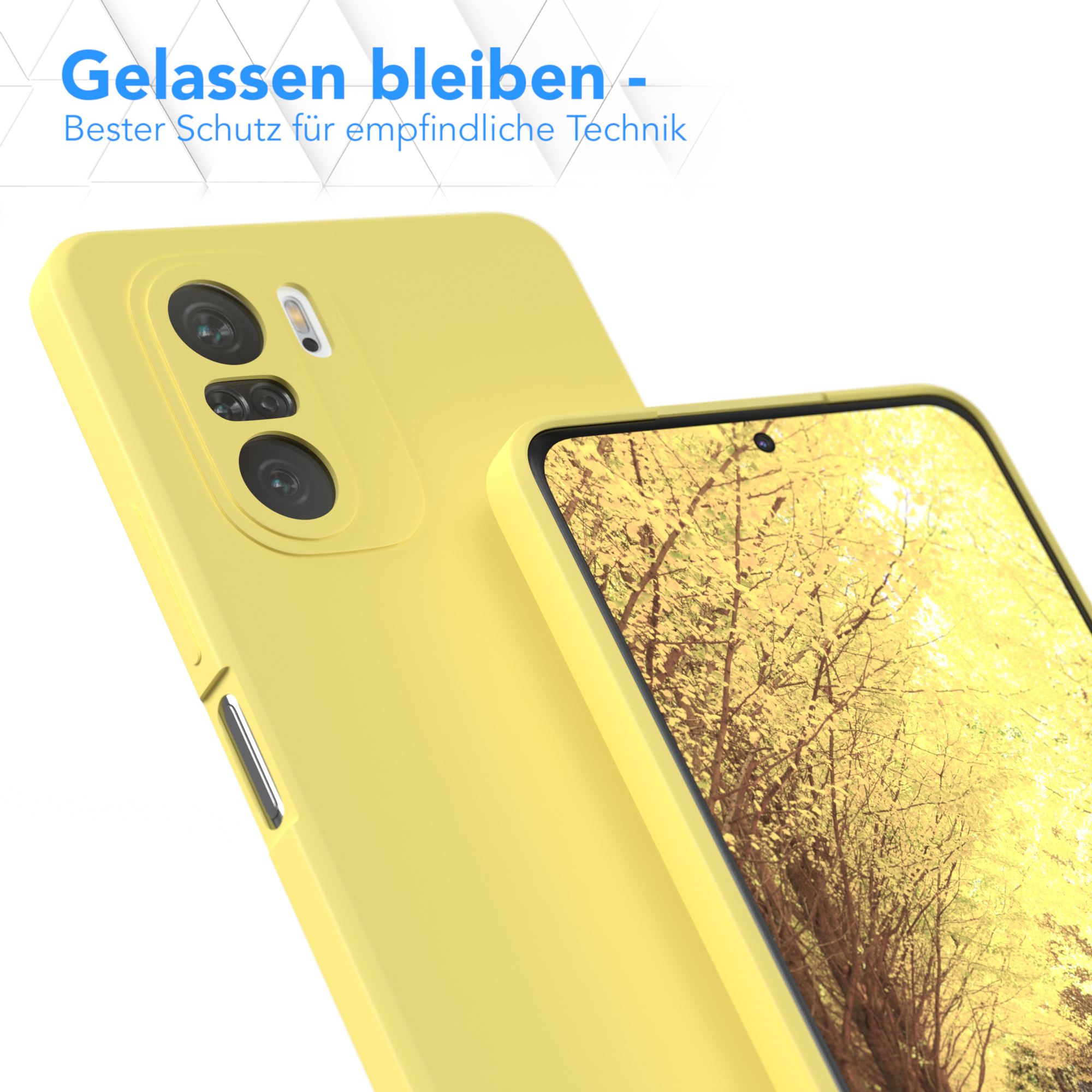 Gelbes Telefon und Hülle. Text und landschaftlicher Hintergrund. Weißer Hintergrund.