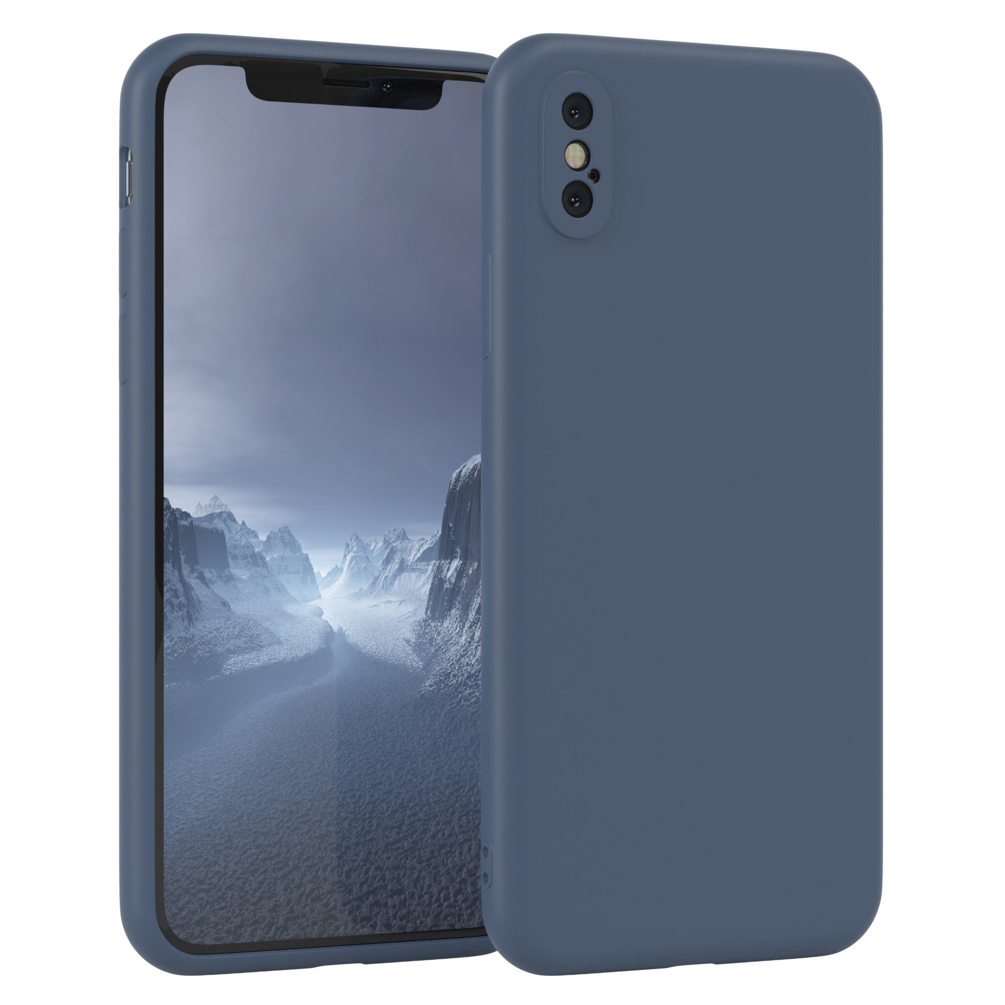 Blaue Handyhülle und Telefon mit Berglandschaft.