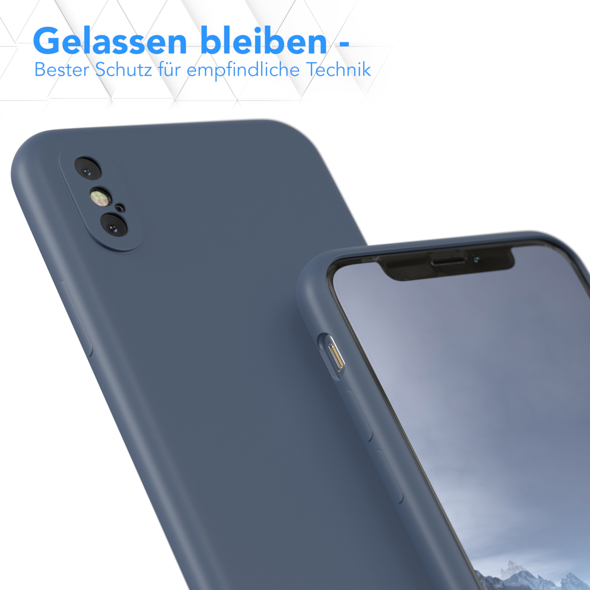 Zwei blaue Handyhüllen, eine zeigt die Rückseite mit Kameralöchern und eine die Vorderseite.