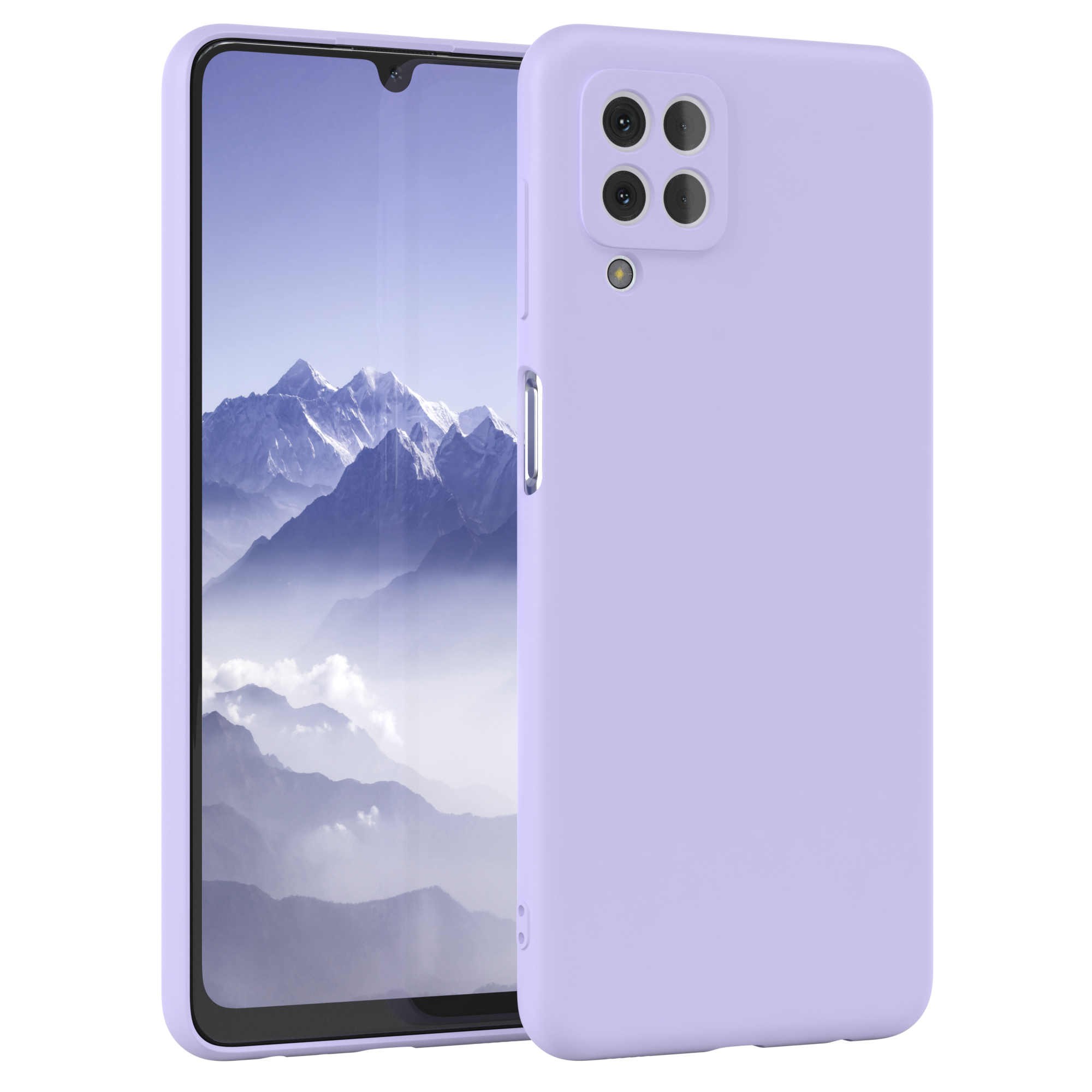 Lila Telefon mit Hülle, zeigt Bildschirm mit verschwommenem Hintergrund.