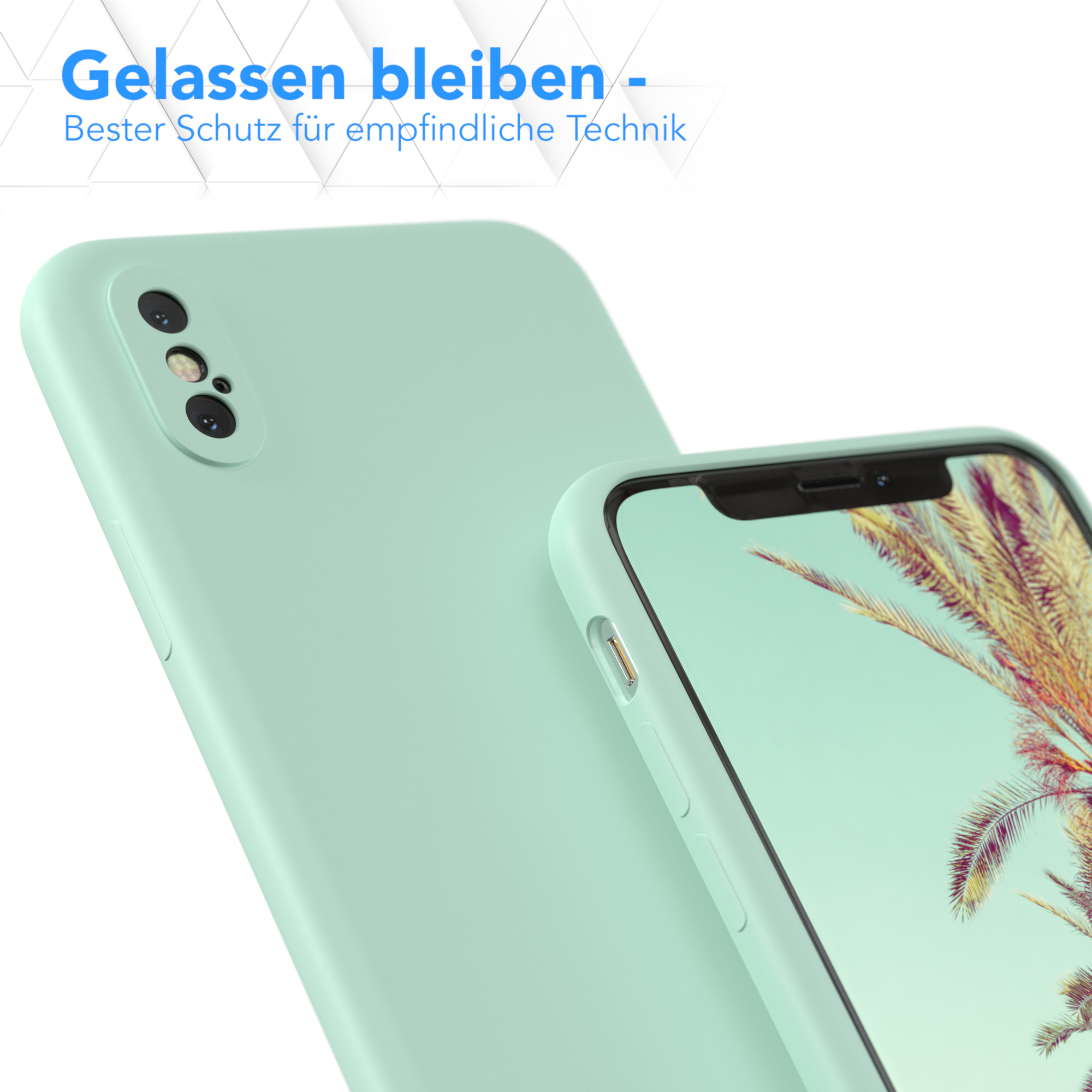 Minzgrüne Handyhülle mit Telefon darin. Text auf Deutsch: 'Gelassen bleiben', grüner Hintergrund.