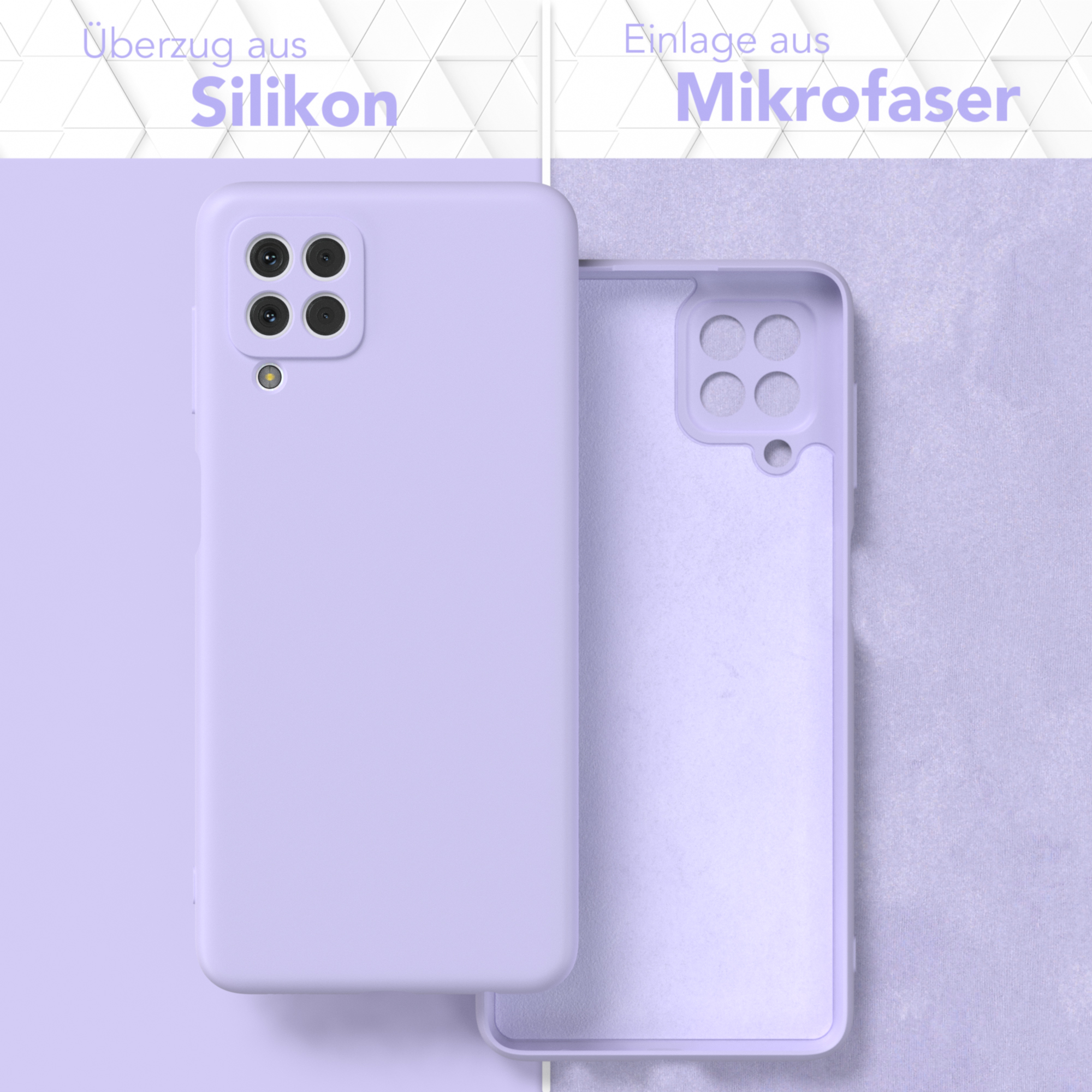 Handyhüllen, eine mit Handy. Silikon- und Mikrofaser-Details werden gezeigt.