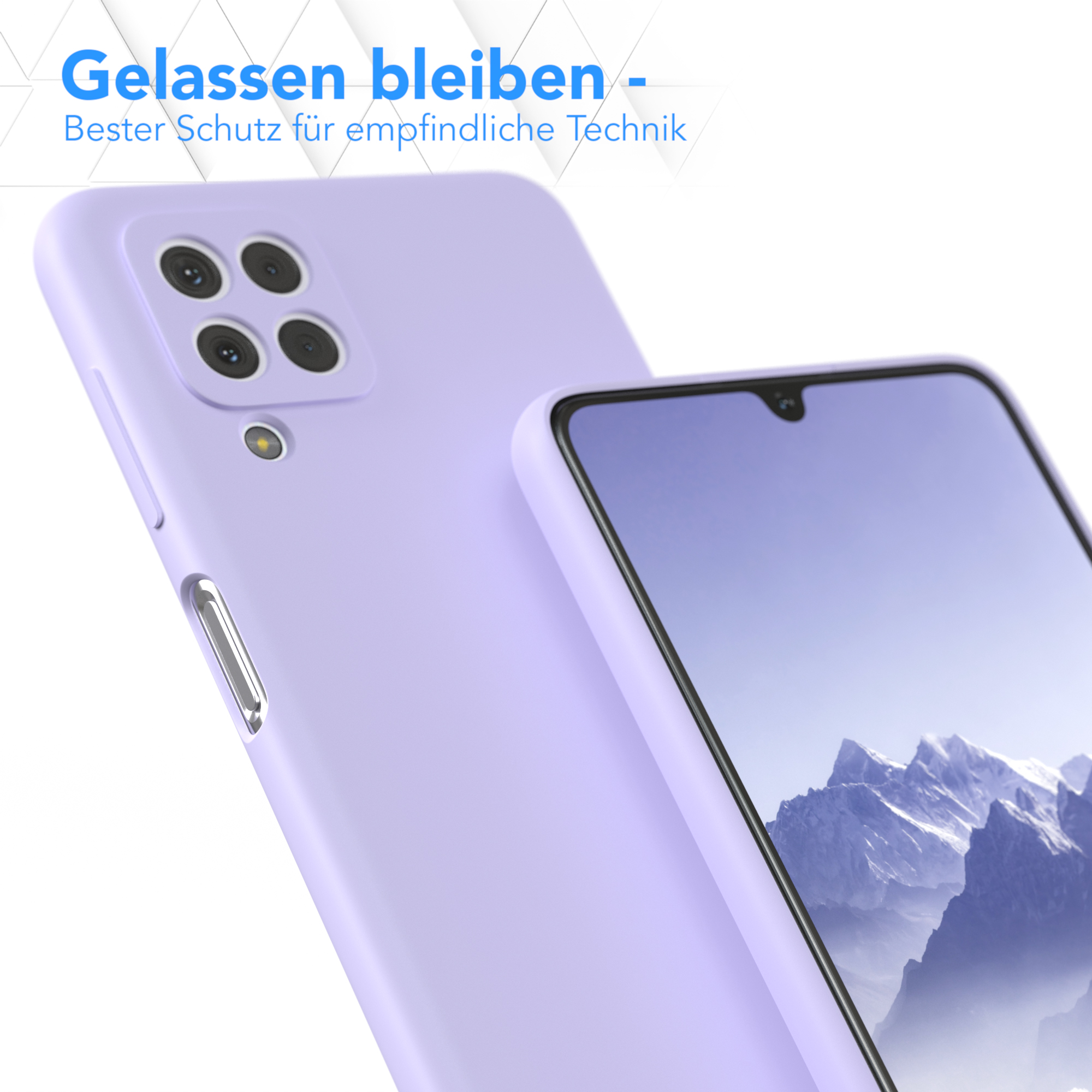 Ein helllila Handyhülle und ein Telefon sind abgebildet. Das Telefon befindet sich in der Hülle. Text oben.