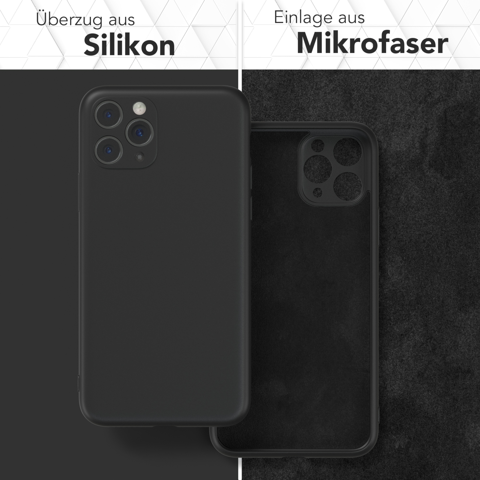 Zwei schwarze Handyhüllen, eine aus Silikon und eine mit Mikrofaser gefüttert, nebeneinander.