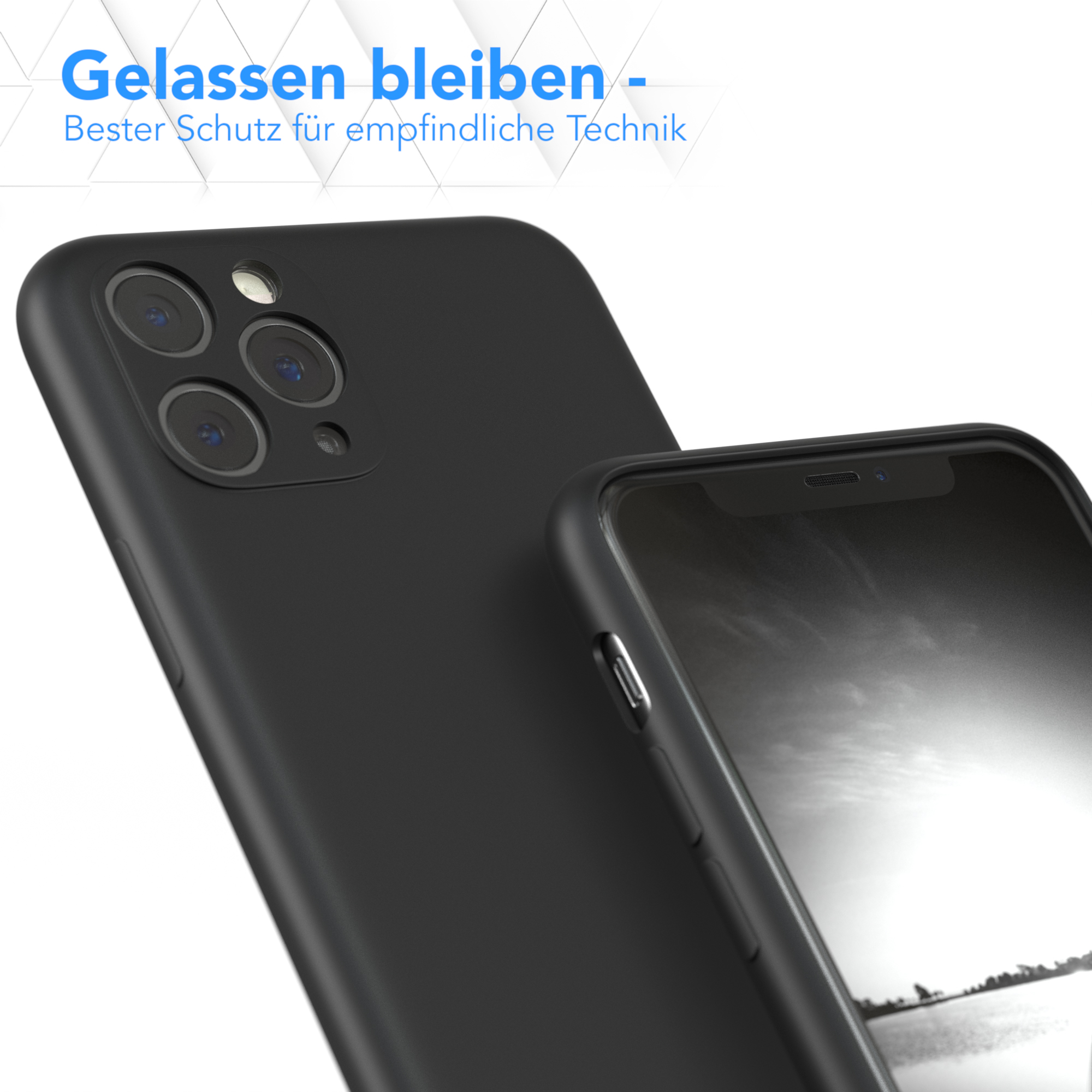 Schwarze Handyhülle und Telefon auf weißem Hintergrund, mit Text.
