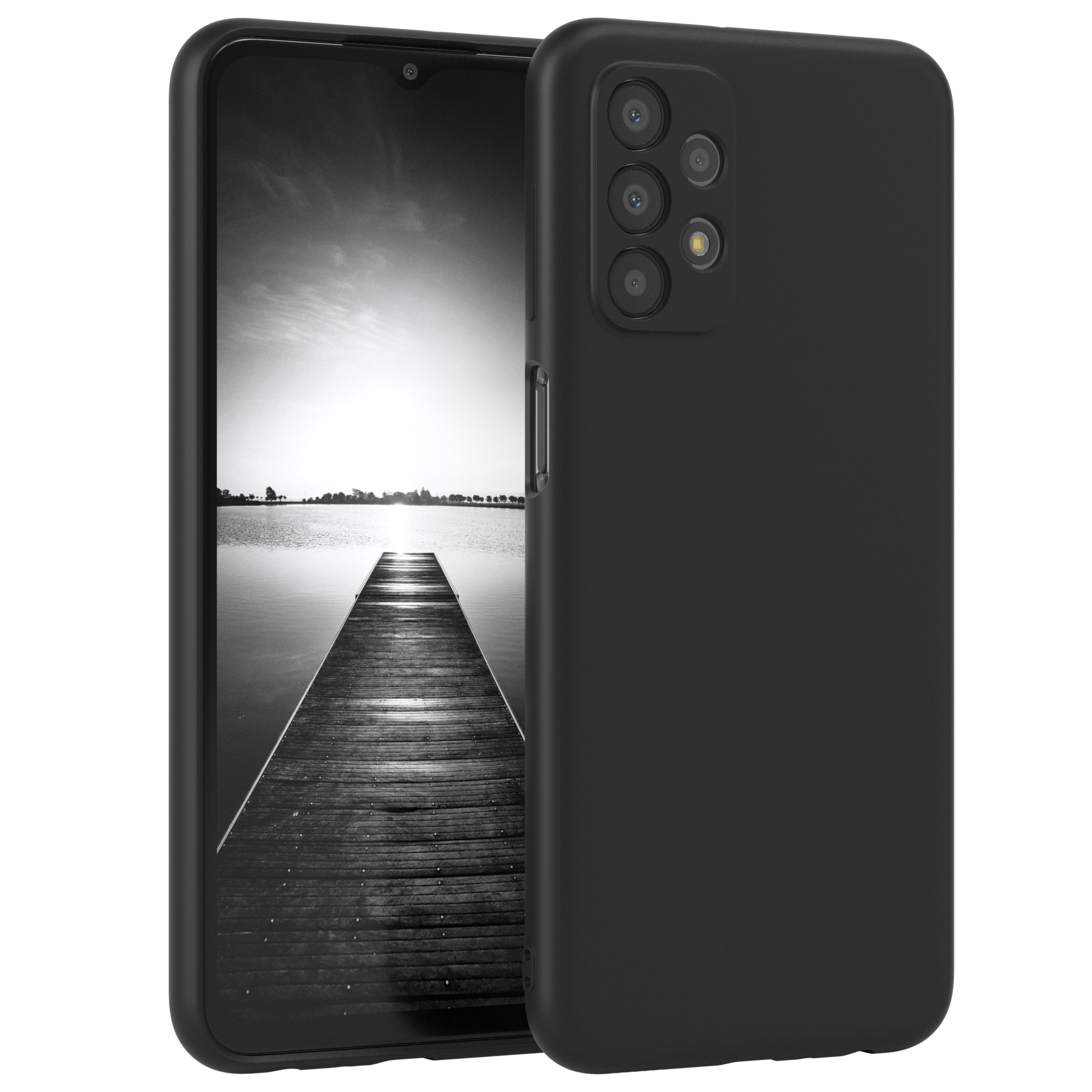 Ein schwarzes Telefon mit Hülle. Der Hintergrund ist verschwommen und zeigt einen See mit Holzsteg.