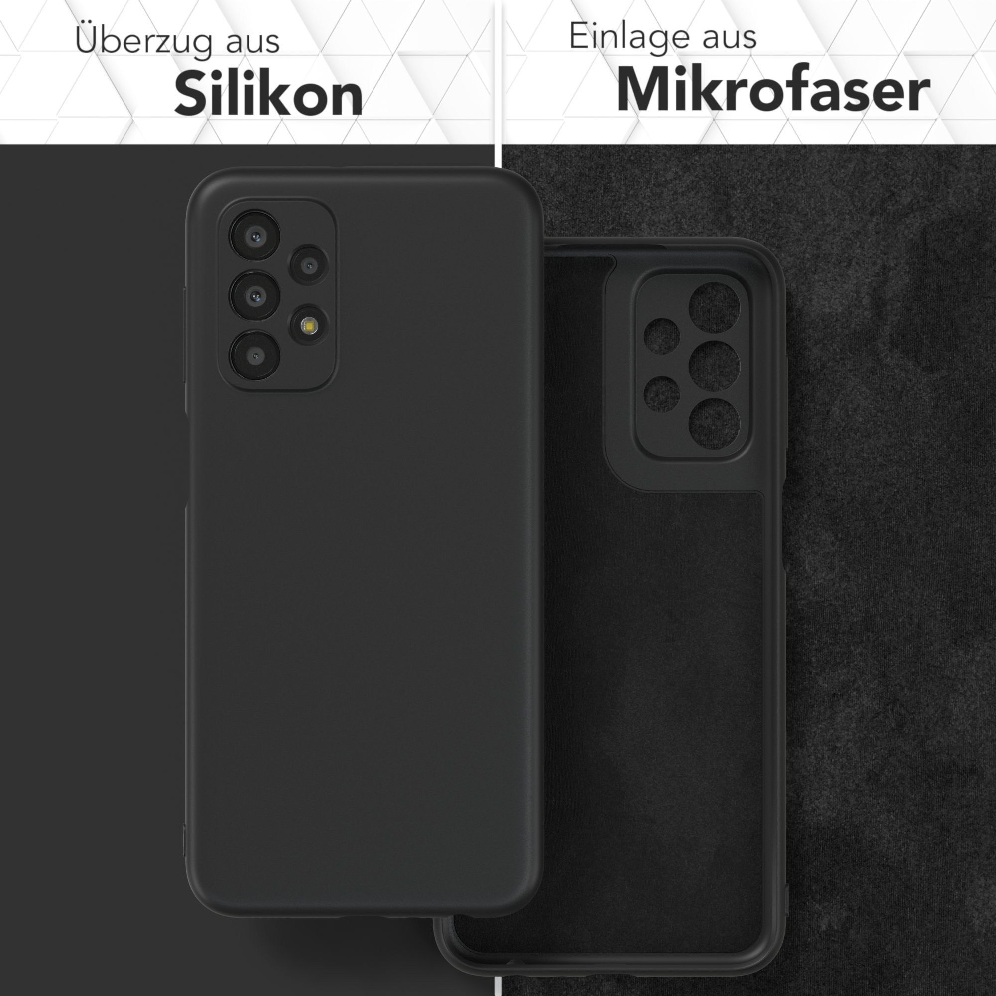 Schwarze Handyhülle mit Mikrofaserfutter, offen und geschlossen gezeigt.