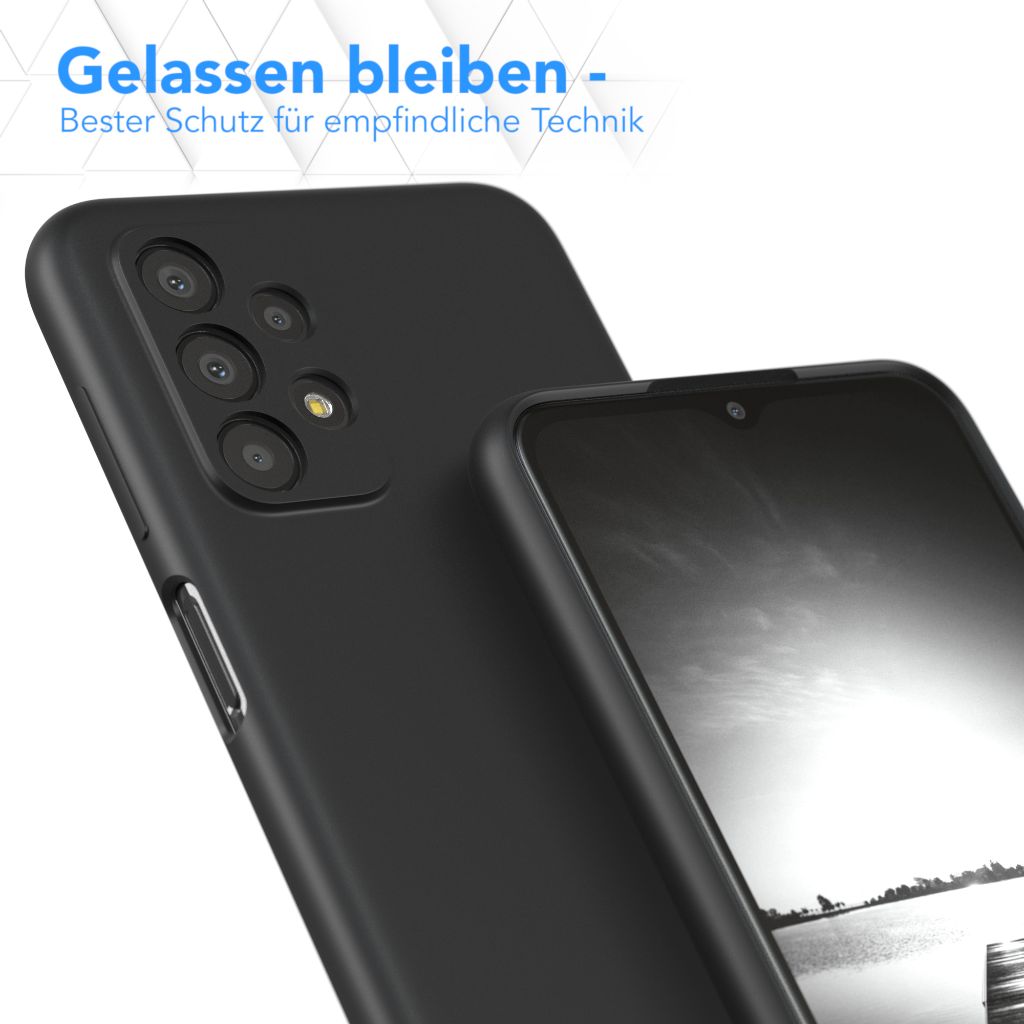 Nahaufnahme einer schwarzen Handyhülle, die ein Telefon bedeckt, wobei Kamera und Bildschirm hervorgehoben werden.