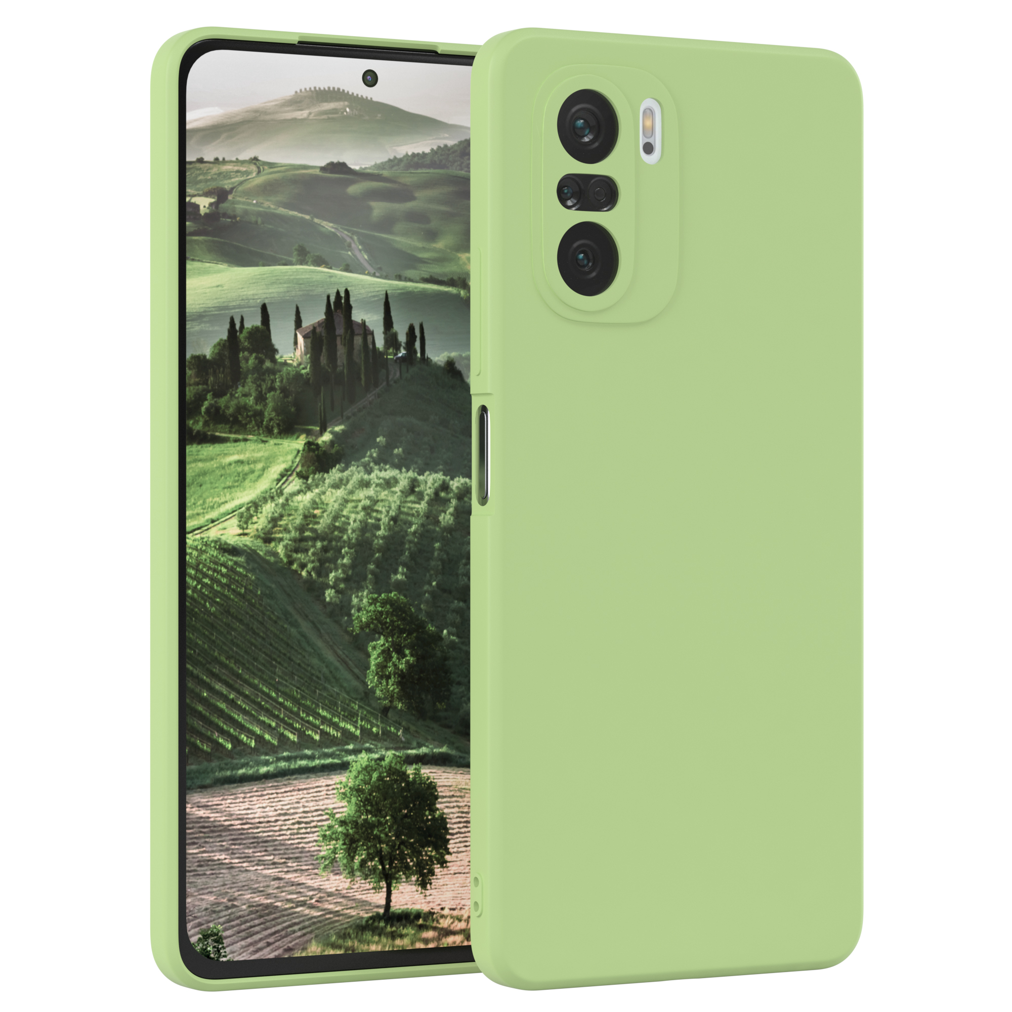 Eine grüne Handyhülle mit Telefon, das eine Landschaft zeigt.