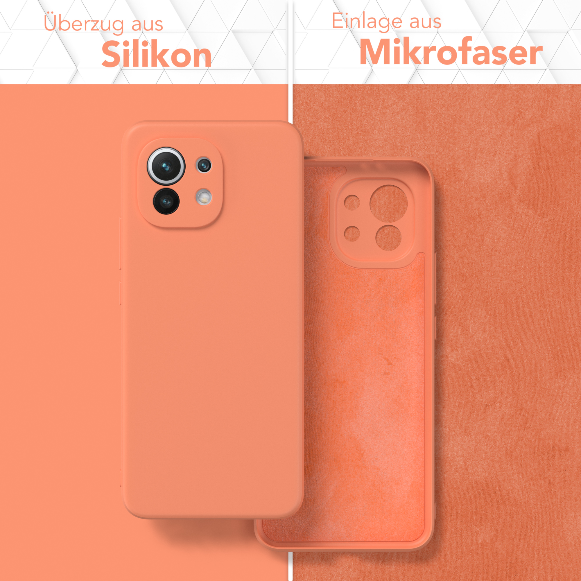 Orangefarbene Handyhülle mit Silikon außen und Mikrofaser innen. Zwei Hälften getrennt.
