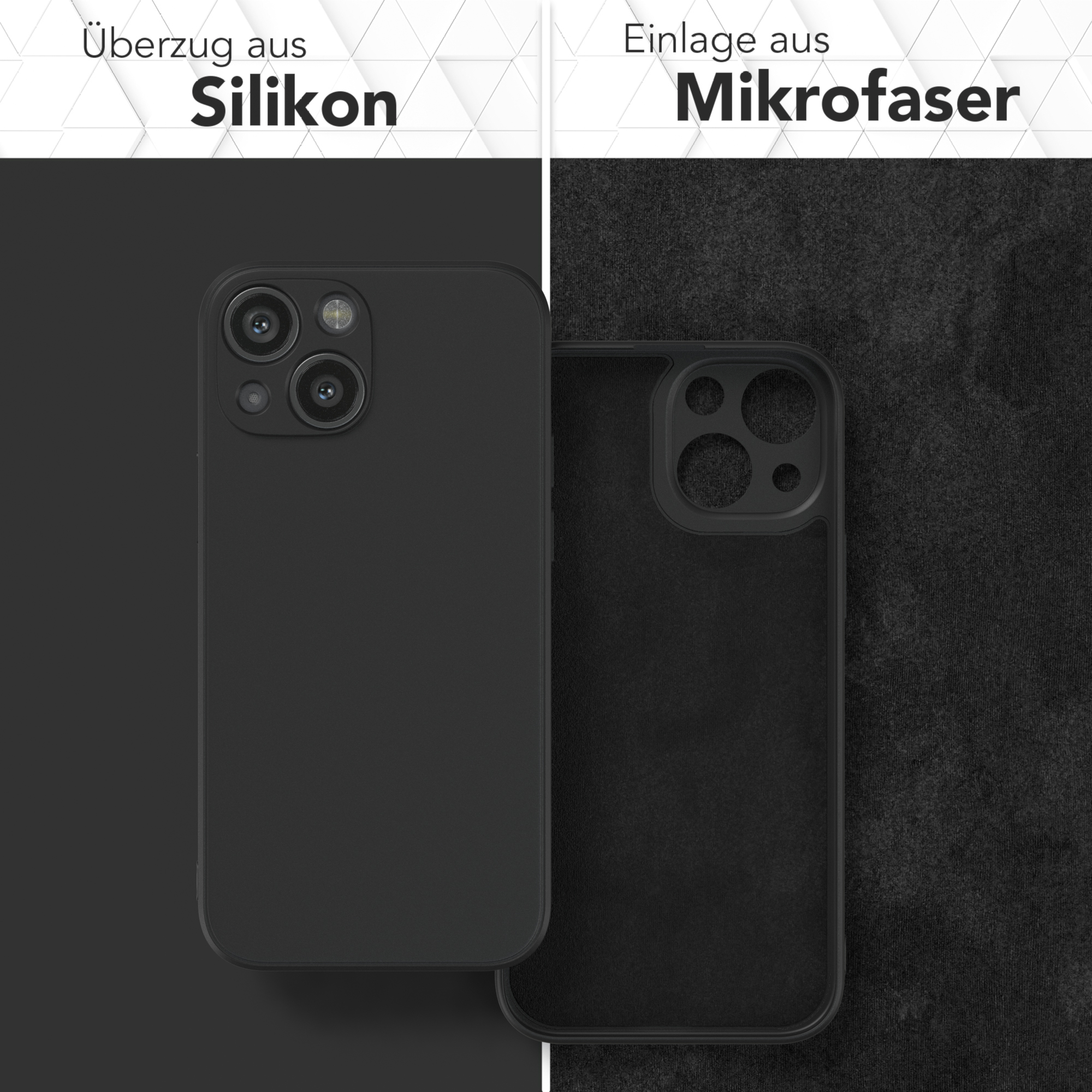 Eine schwarze Handyhülle mit einem schwarzen Mikrofaser-Einsatz. Der Text lautet: Überzug aus Silikon, Einlage aus Mikrofaser.