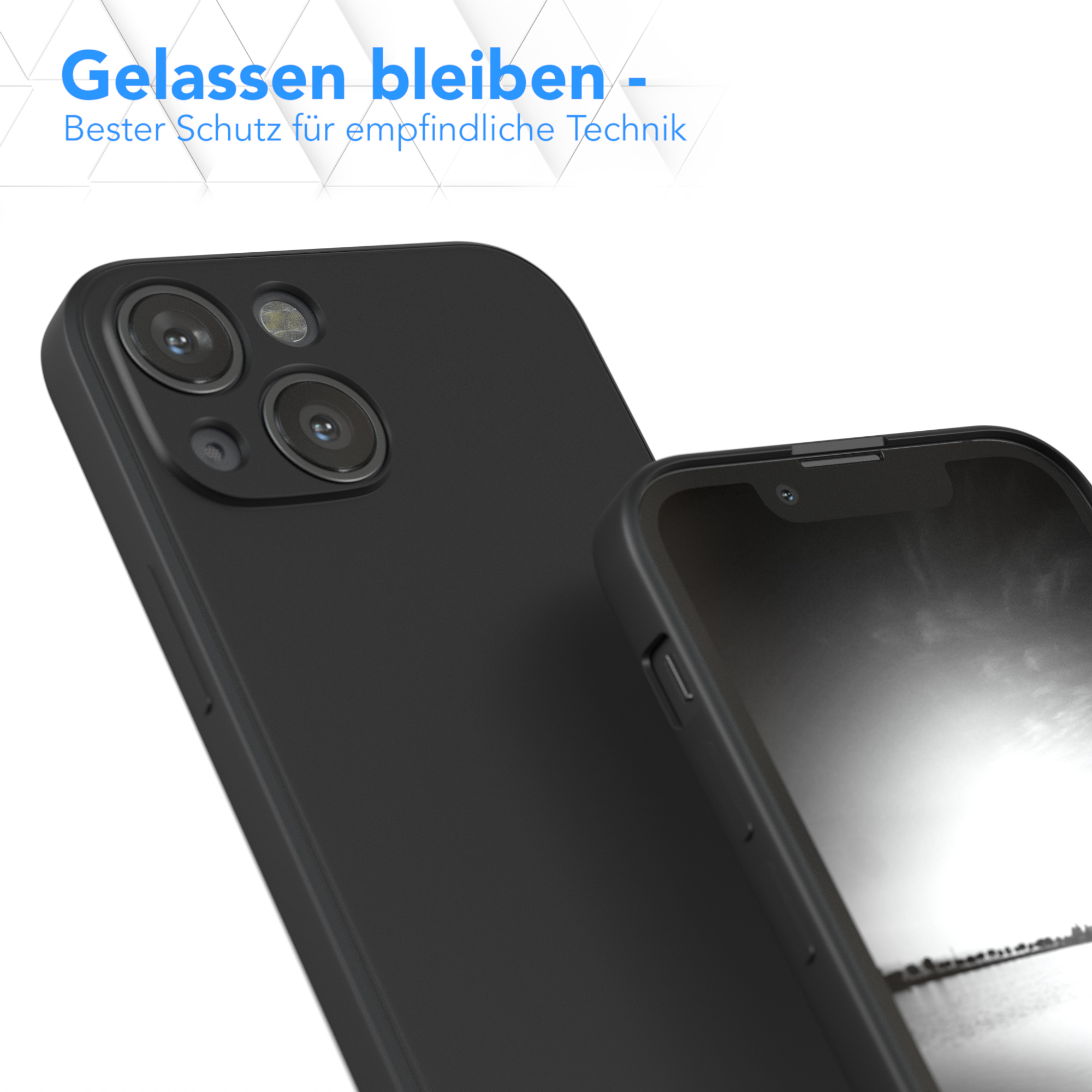 Zwei schwarze Handyhüllen, eine auf der Rückseite eines Telefons, die andere davor.