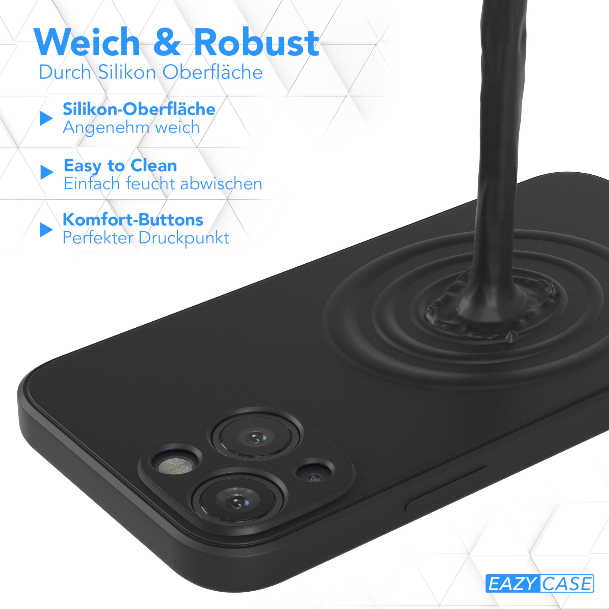 Schwarze Handyhülle mit schwarzer Flüssigkeit, die darauf gegossen wird. Text: Weich & Robust, Silikon-Oberfläche, etc.