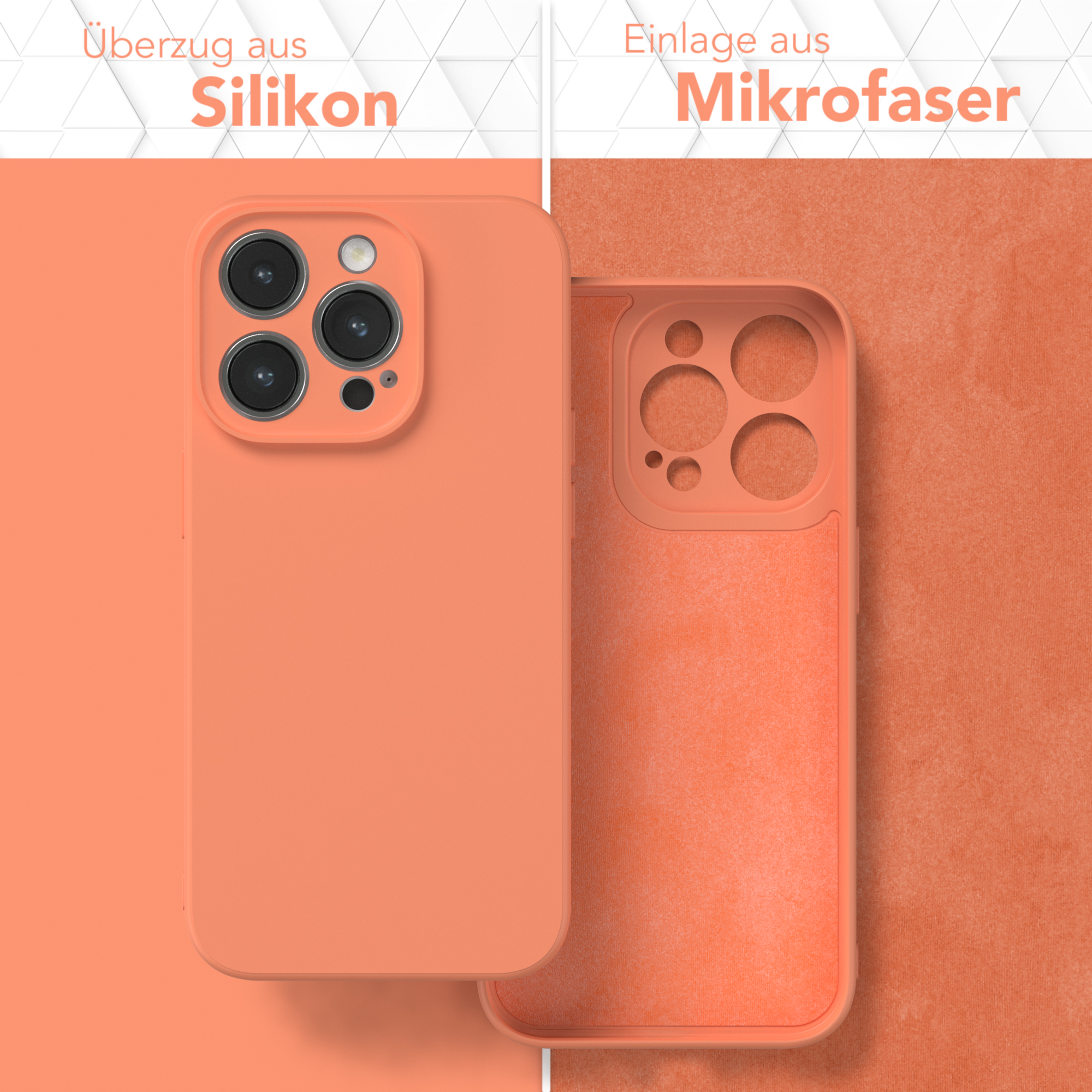 Orange Handyhülle, geöffnet, um das Innere zu zeigen. Text: Silikonoberfläche und Mikrofaser-Einsatz.