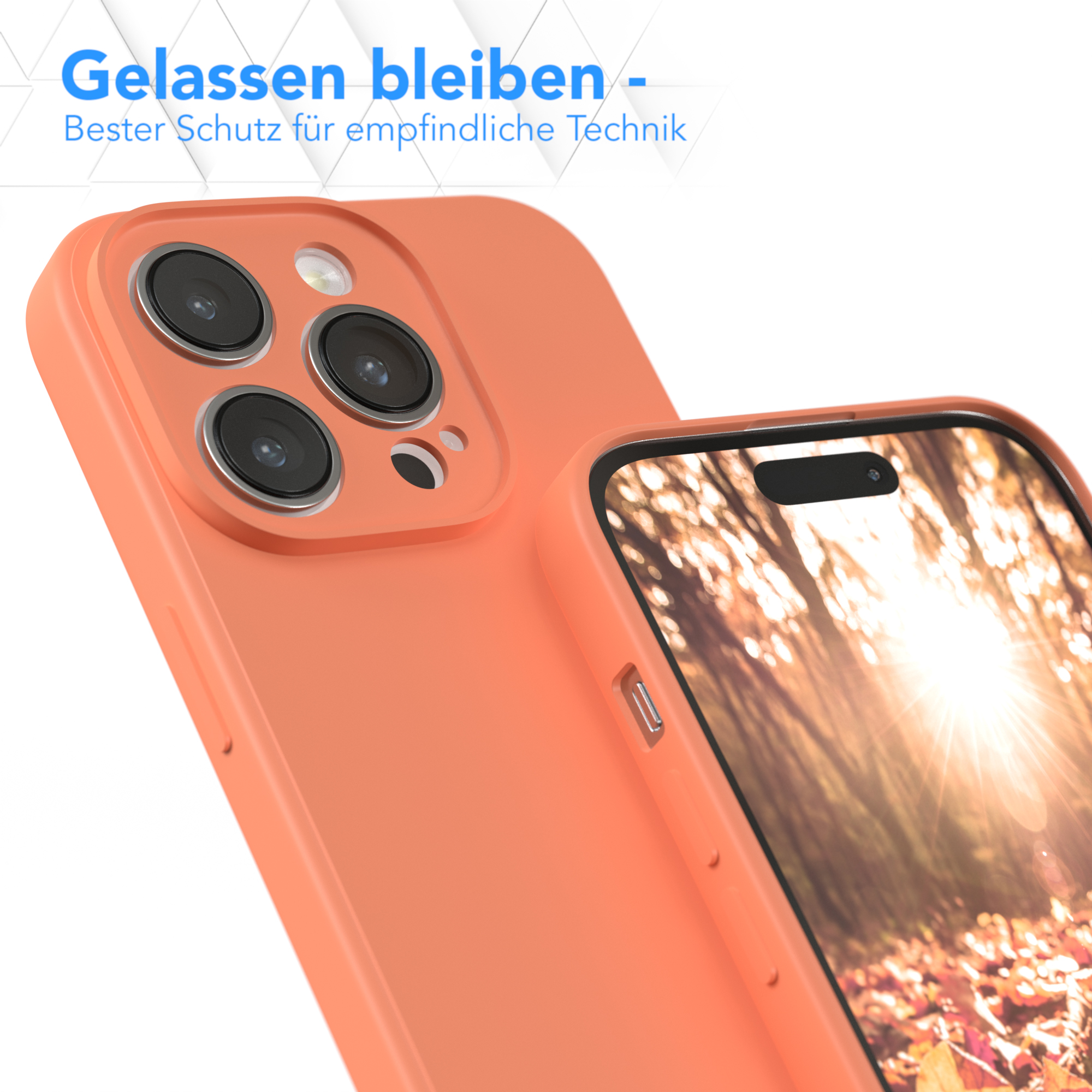 Nahaufnahme einer orangefarbenen Handyhülle mit einem Telefon darin. Die Hülle ist nah an der Kamera.