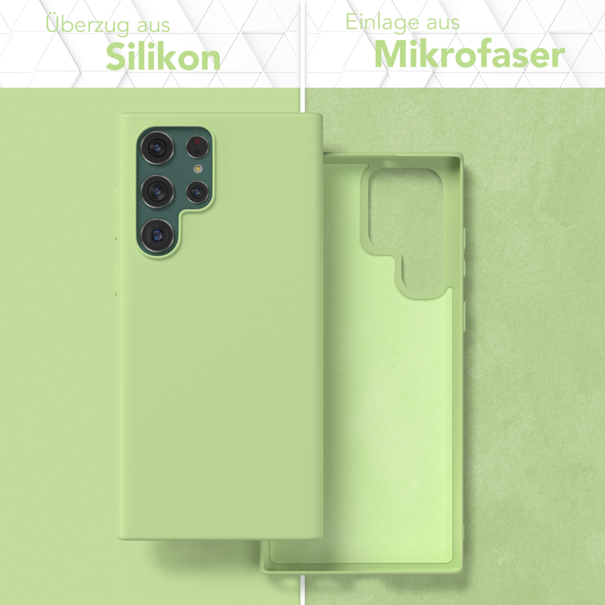 Eine hellgrüne Handyhülle mit einem Telefon darin, das die innere Mikrofaser zeigt.