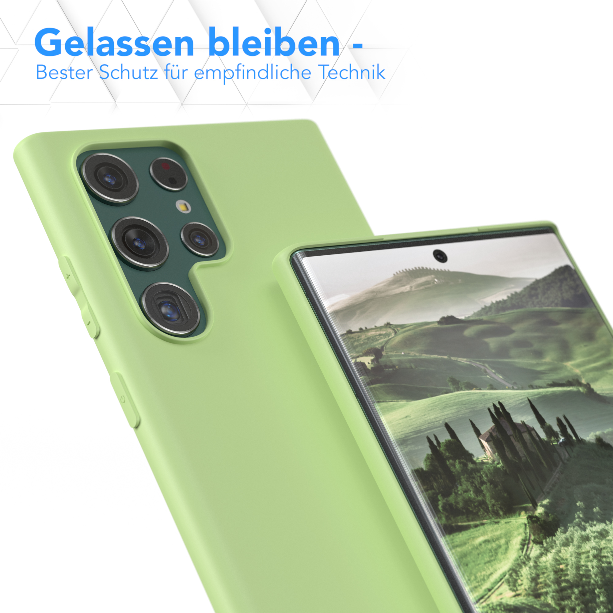 Eine Handyhülle auf einem Telefon. Die Handyhülle ist grün. Der Hintergrund ist weiß.