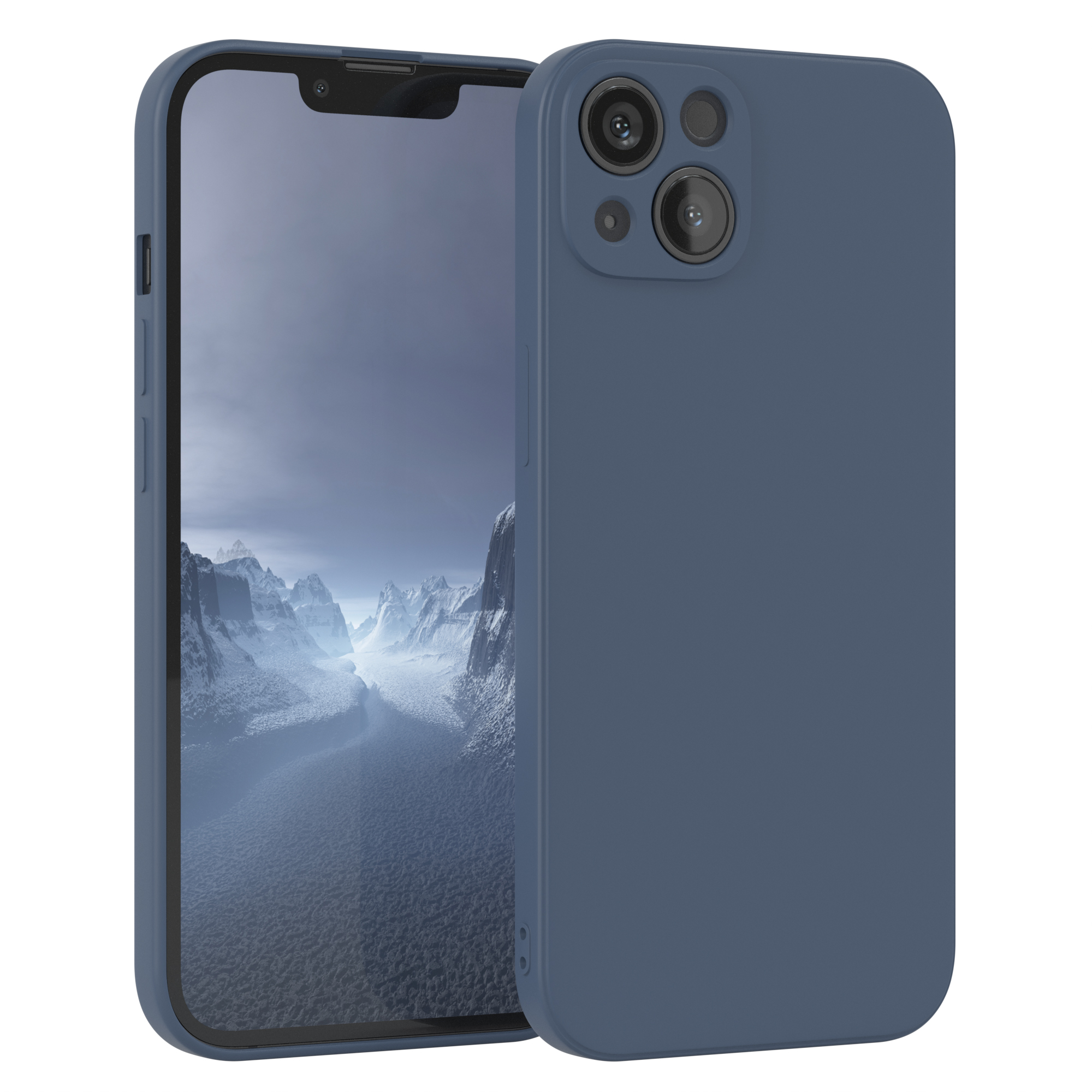 Blaues Telefon mit Hülle. Der Bildschirm zeigt einen bewölkten Himmel. Drei Kameras hinten.