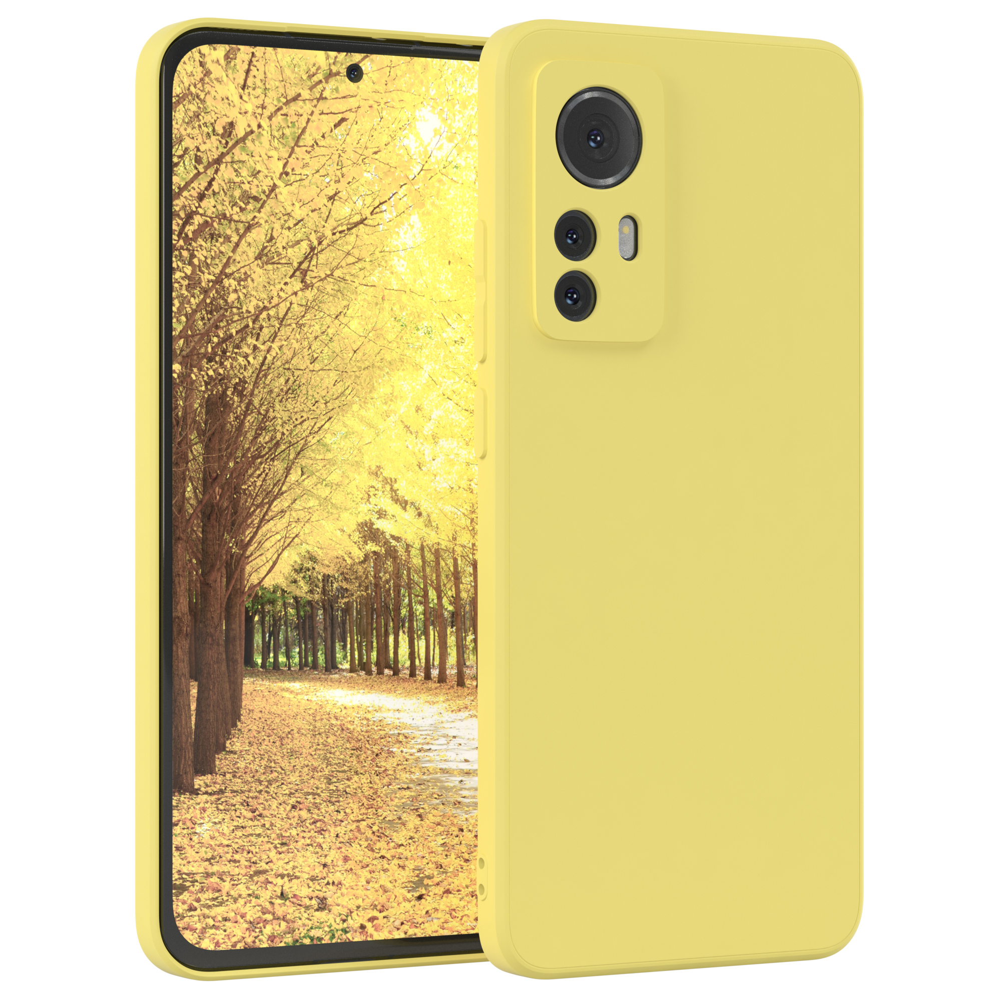 Gelbes Telefon mit Hülle. Das Telefon zeigt eine Straße mit gelben Bäumen. Weißer Hintergrund.