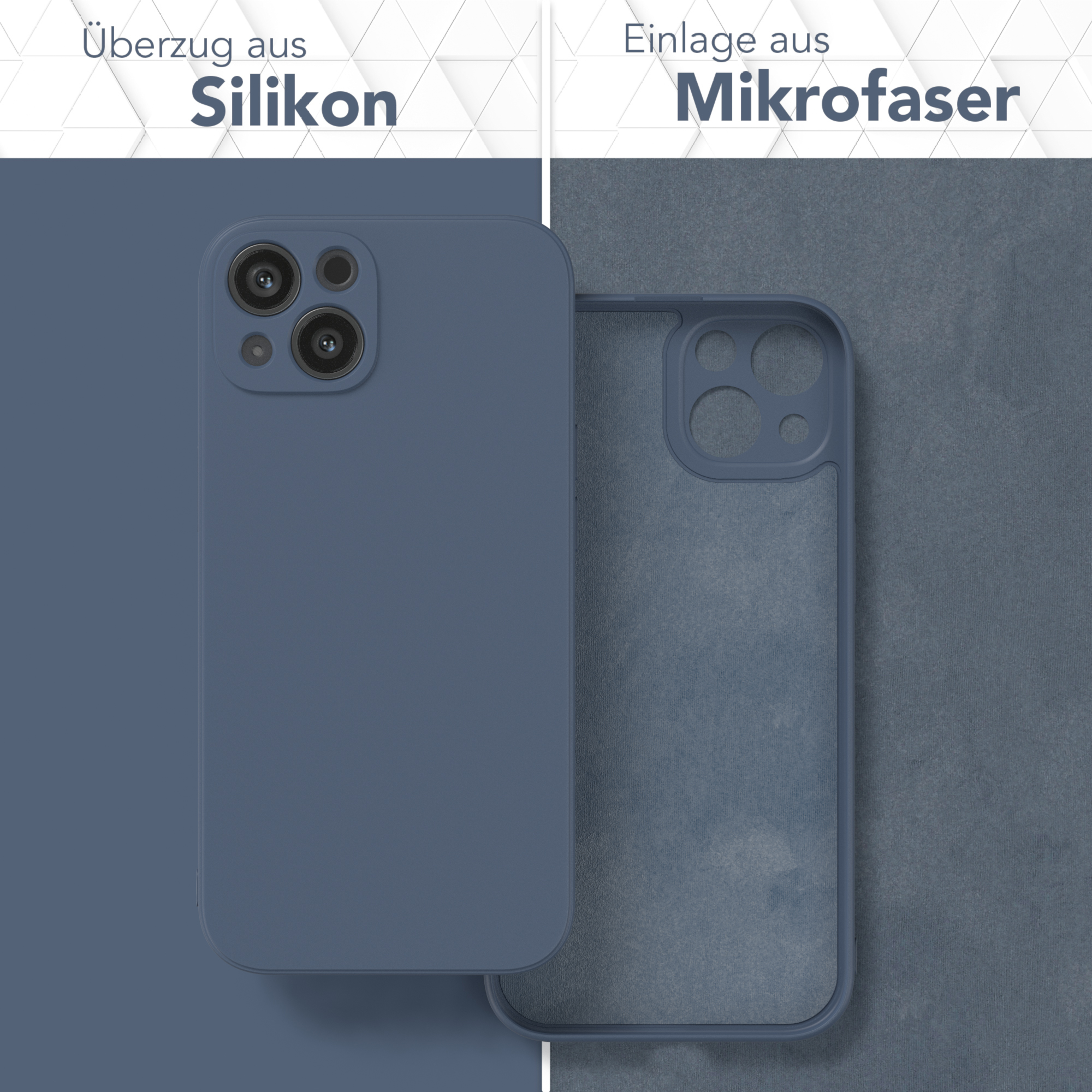 Zwei Handyhüllen, eine dunkelblau, eine transparent, Text 'Silikon' und 'Mikrofaser'.