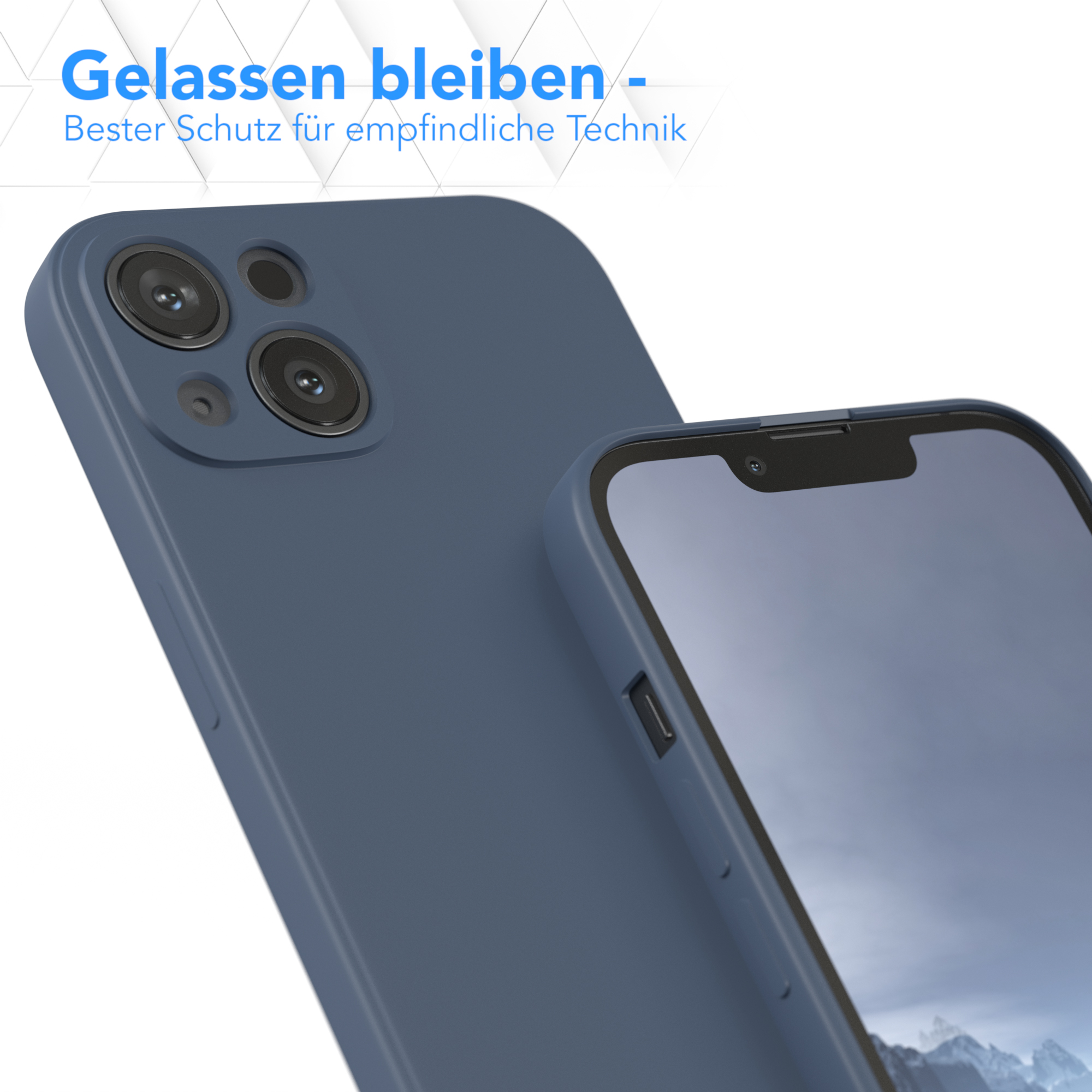 Eine Handyhülle befindet sich auf einem Telefon. Der Hintergrund hat ein Telefon, und der Text lautet „Bester Schutz“.