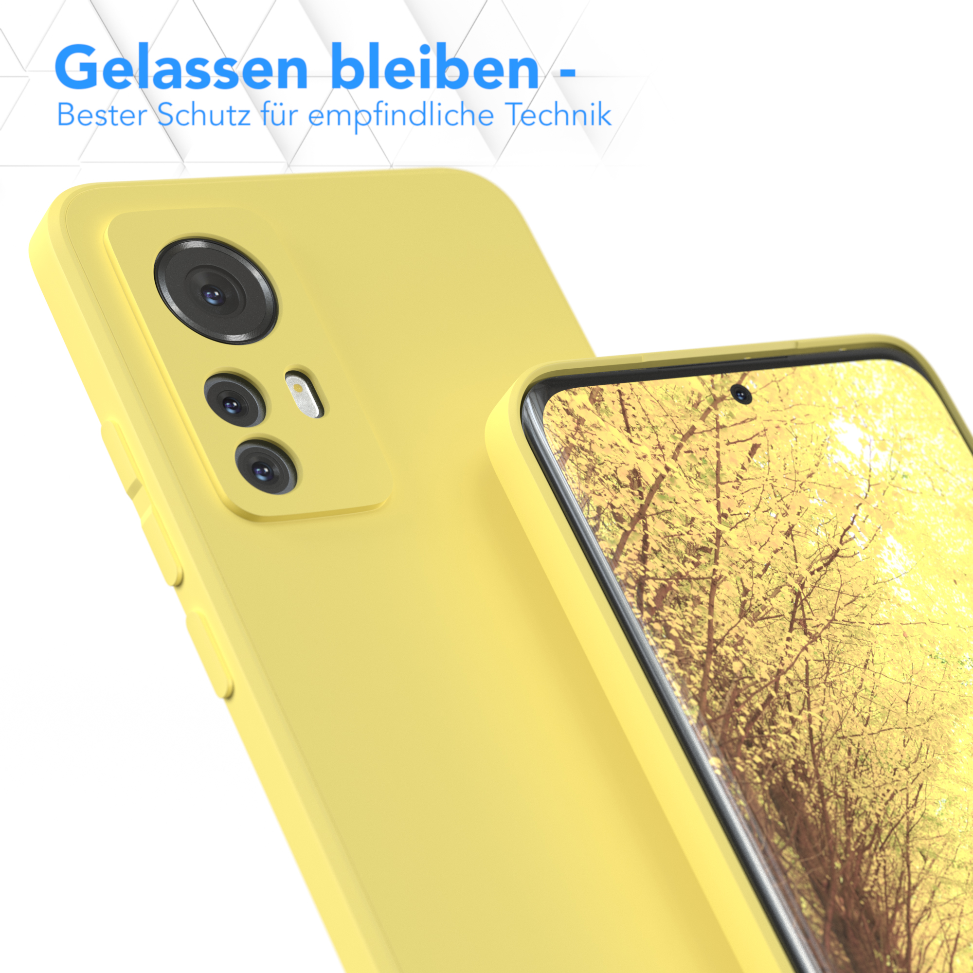 Eine gelbe Handyhülle und ein Telefon werden gezeigt. Das Telefon zeigt eine Herbstszene. Eine Handyhülle schützt das Telefon.