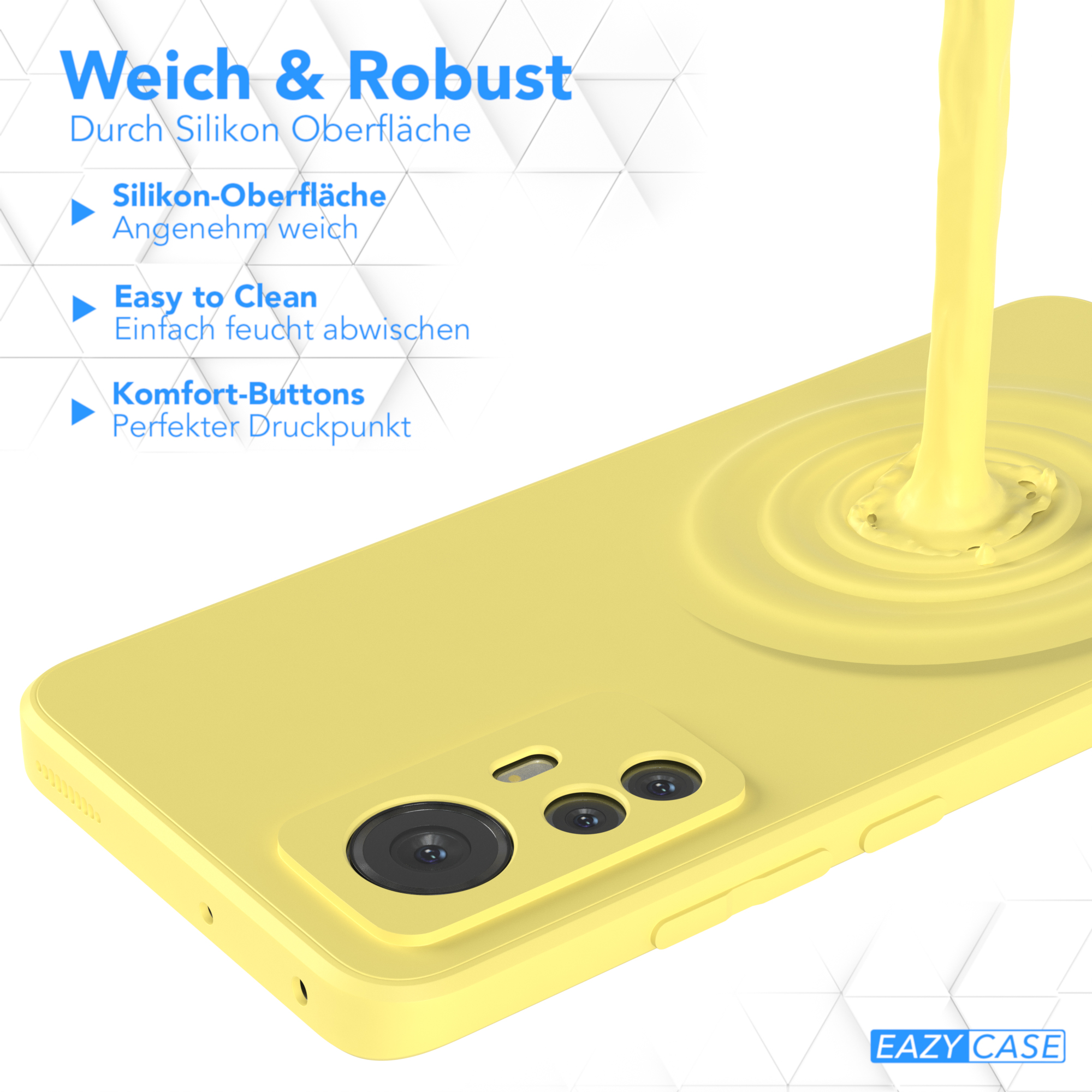 Gelbe Handyhülle, gelbe Flüssigkeit wird darauf gegossen, Text 'Easy to Clean'.