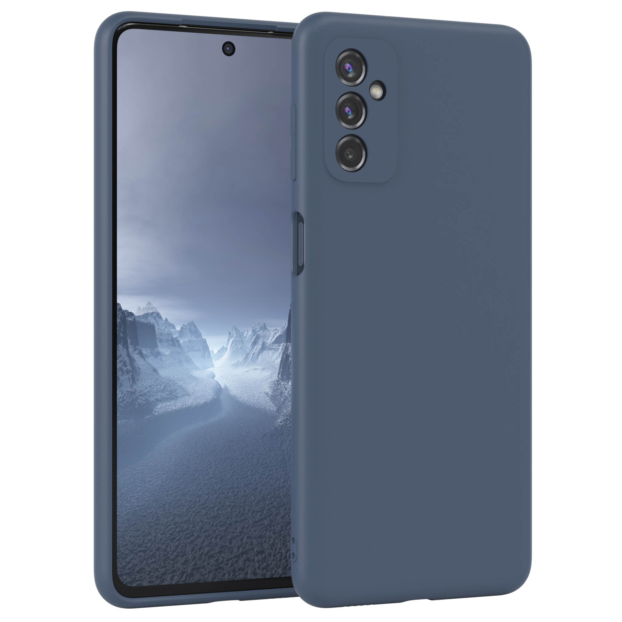Ein blaues Telefon, zur Seite gedreht, mit einer dunkelblauen Hülle. Der Hintergrund ist weiß.