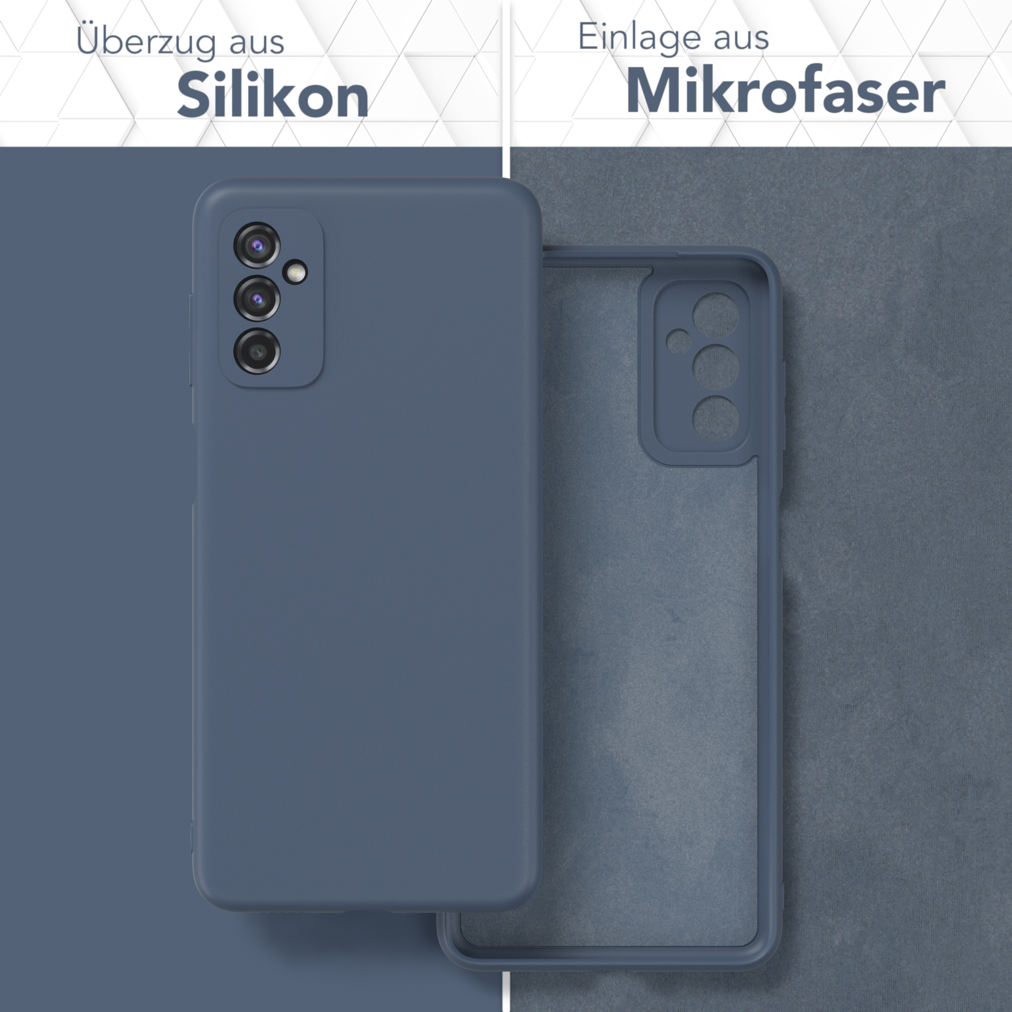 Blaue Handyhülle und ihr Innenrahmen. Deutscher Text zeigt die Materialien: Silikon und Mikrofaser.