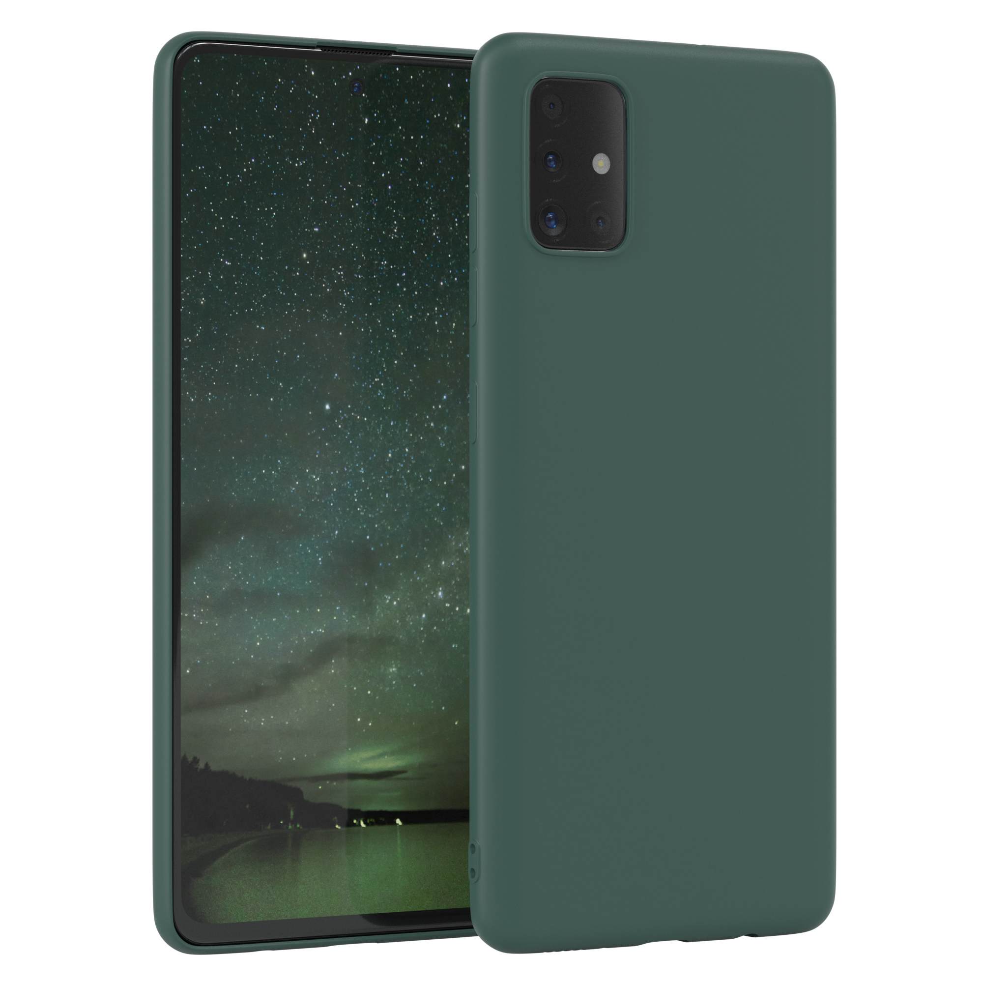 Grüne Handyhülle mit Handy. Der Bildschirm zeigt eine Nachtlandschaft.