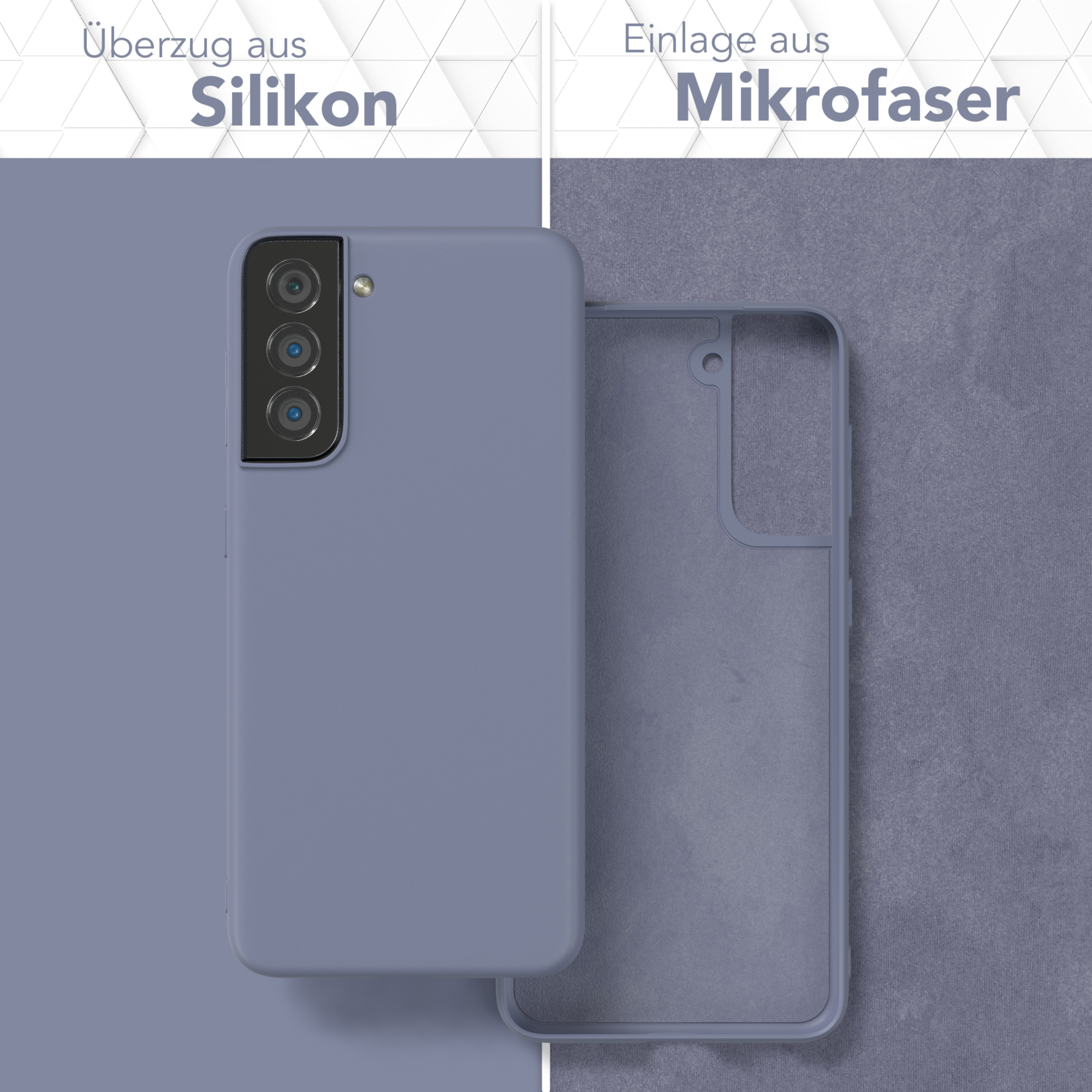 Zwei Handyhüllen, eine lila und die andere innen. Der Text links lautet Silikon und rechts Mikrofaser.