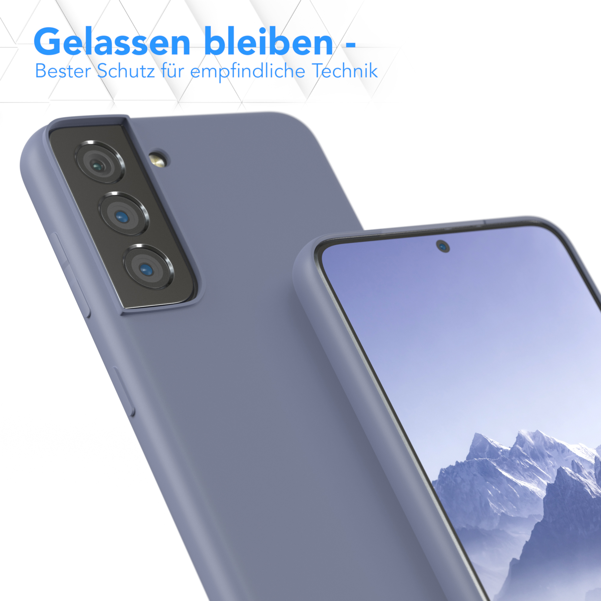 Ein blaues Handy und ein Telefon sind abgebildet, mit einer Berglandschaft auf dem Bildschirm. Text oben.